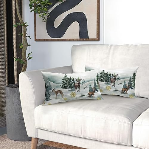 Miniatura 6 de Juego de 2 fundas de almohada lumbares de Navidad de 12 x 20 pulgadas, diseño de copos de nieve, con estampado de acuarela, ciervos, copos de nieve,