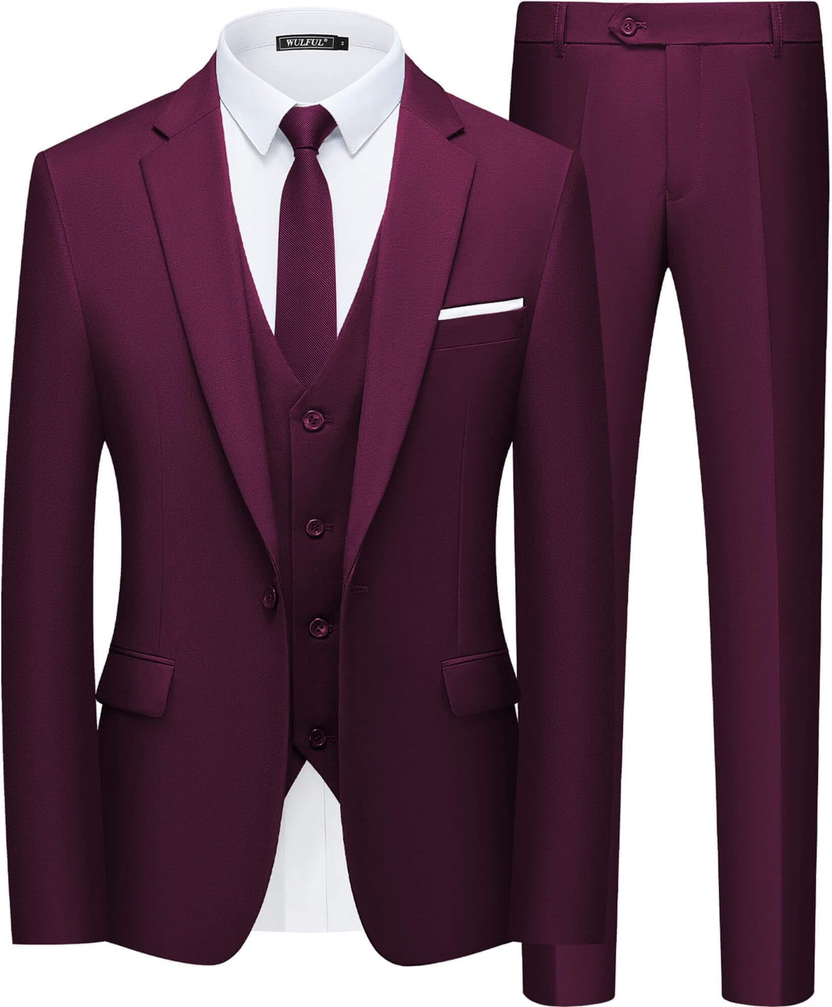 WULFUL Men's Slim Fit Suit 3 Piece One Button Business Suit Wedding Party Jacket Vest Pants