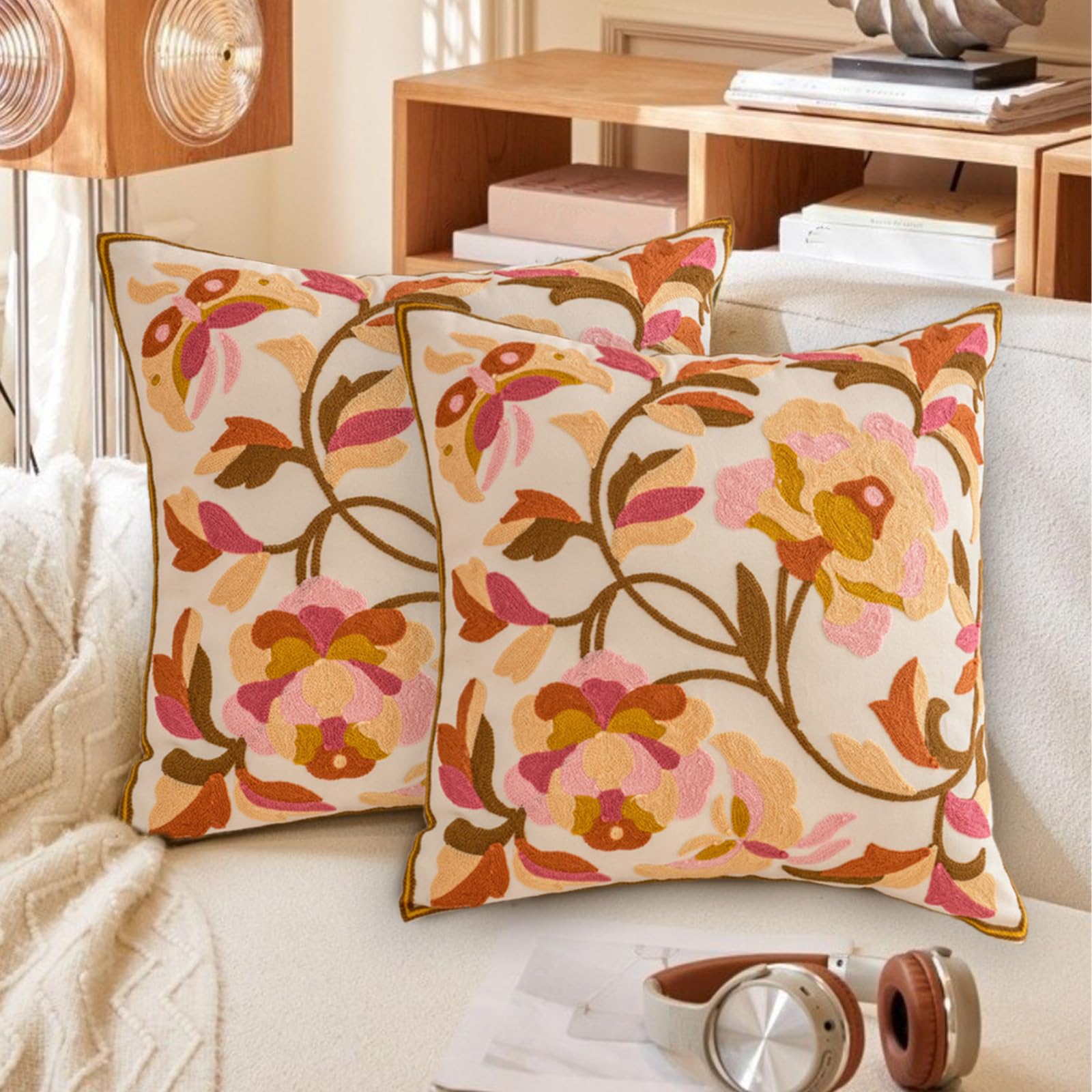 Traziewell Cushion Covers 45 X 45 Floral Set of 2 Decorative Throw Pillow Cases 18x18 inch Soft Cushion Cover for Sofa Bedroom with Hidden Zipper Magnolia Flower T311