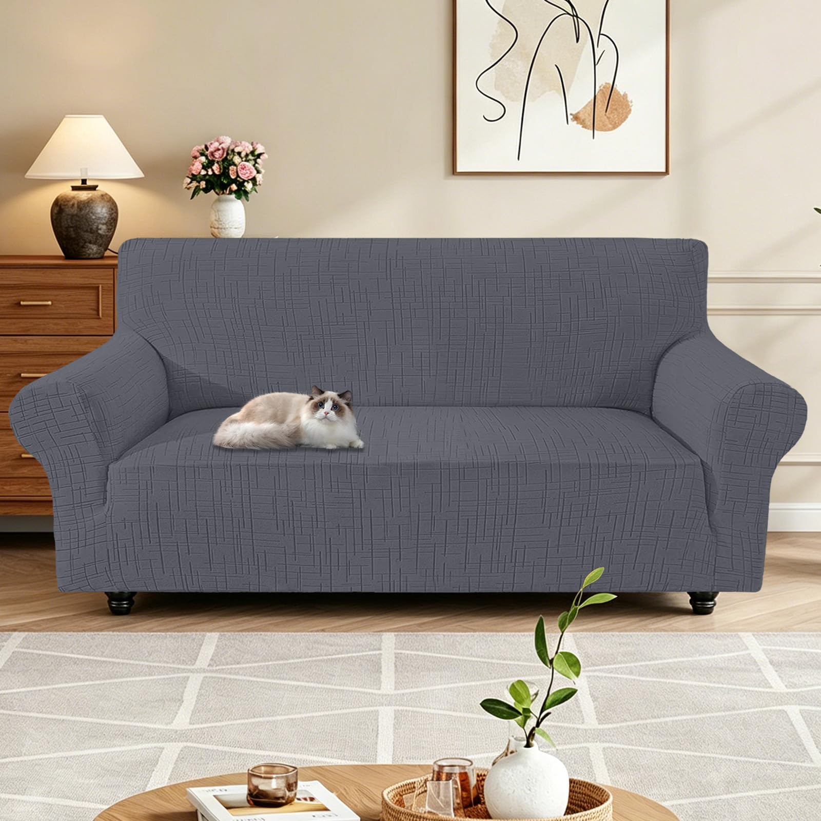 Funda de Sofá 3 plazas, Universales Fundas para Sillones Elástica con Reposabrazos, Funda para Sofa Antiarañazos Gatos, Cubre Sofa Antideslizante Antimanchas (Gris Claro)