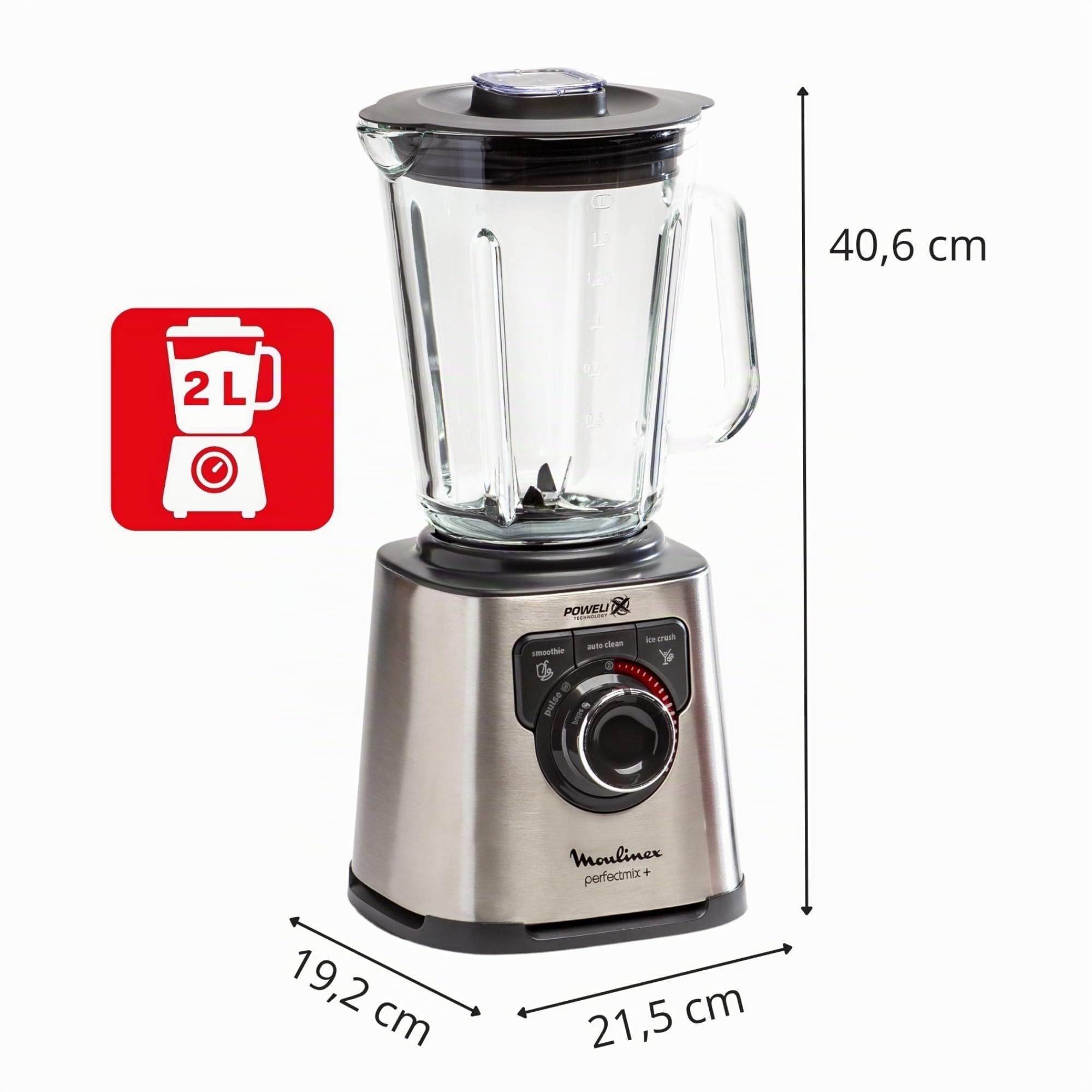 Moulinex Perfect Mix+, Batidora de vaso 1200 W, jarra de vidrio resistente, acabados en acero inoxidable, selector de velocidad retroiluminado, 3 programas automáticos, modo manual y autoclean, LM811D