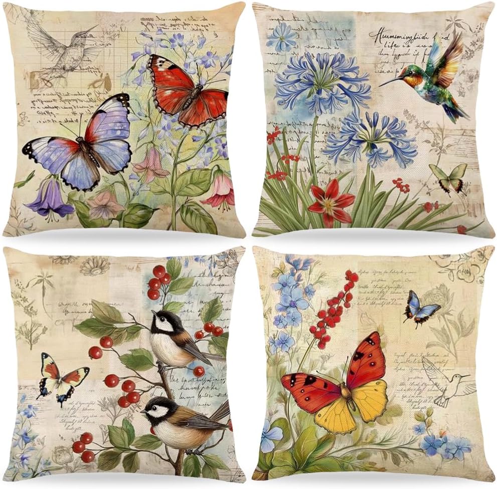 4 Pieces Cushion Covers Spring Flowers 40 x 40 cm, Watercolor Flowers Cushion Covers, Linen Cushion Cover, Butterflies and Birds, for Sofa Home Decoration (B)