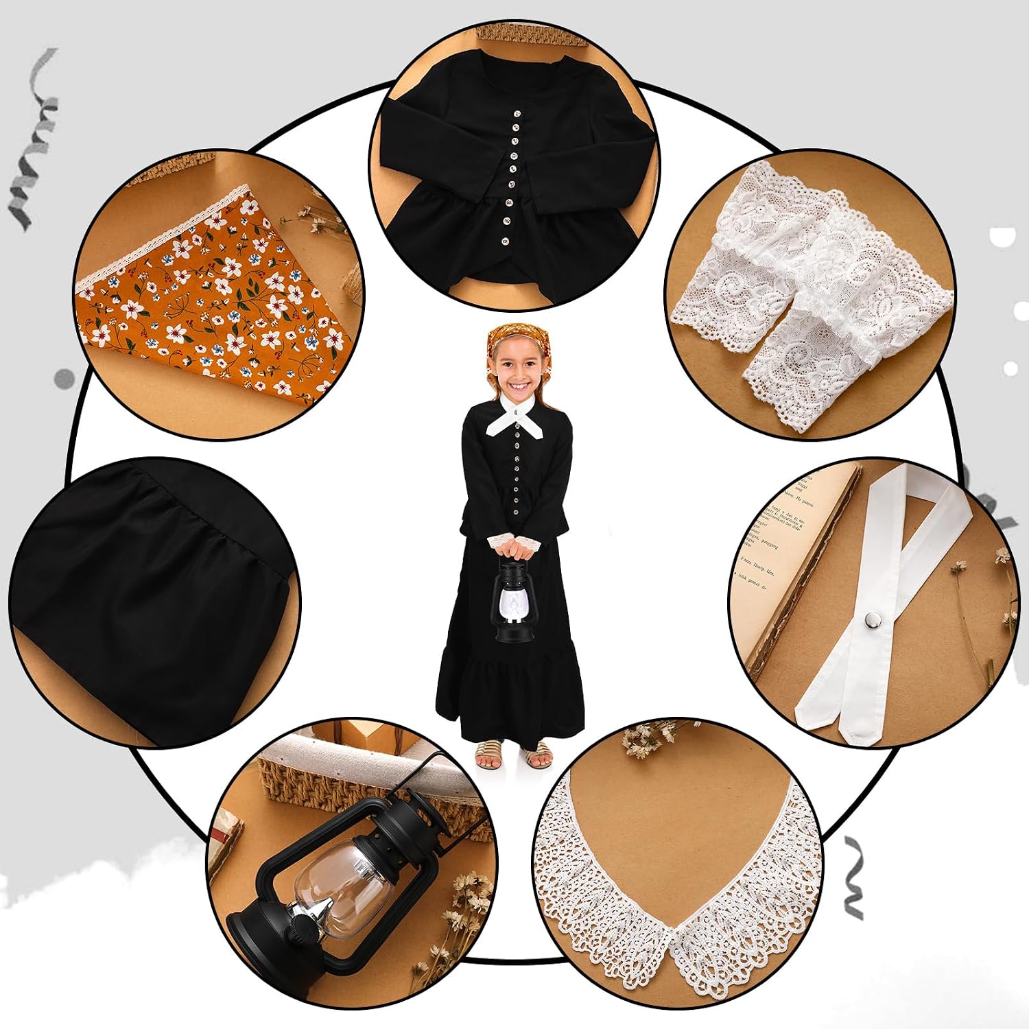 Panitay 6 Pc 1800s Colonial Costumes with Lace Cuffs Lace Collar LED Lantern for 100th Day of Cosplay Party