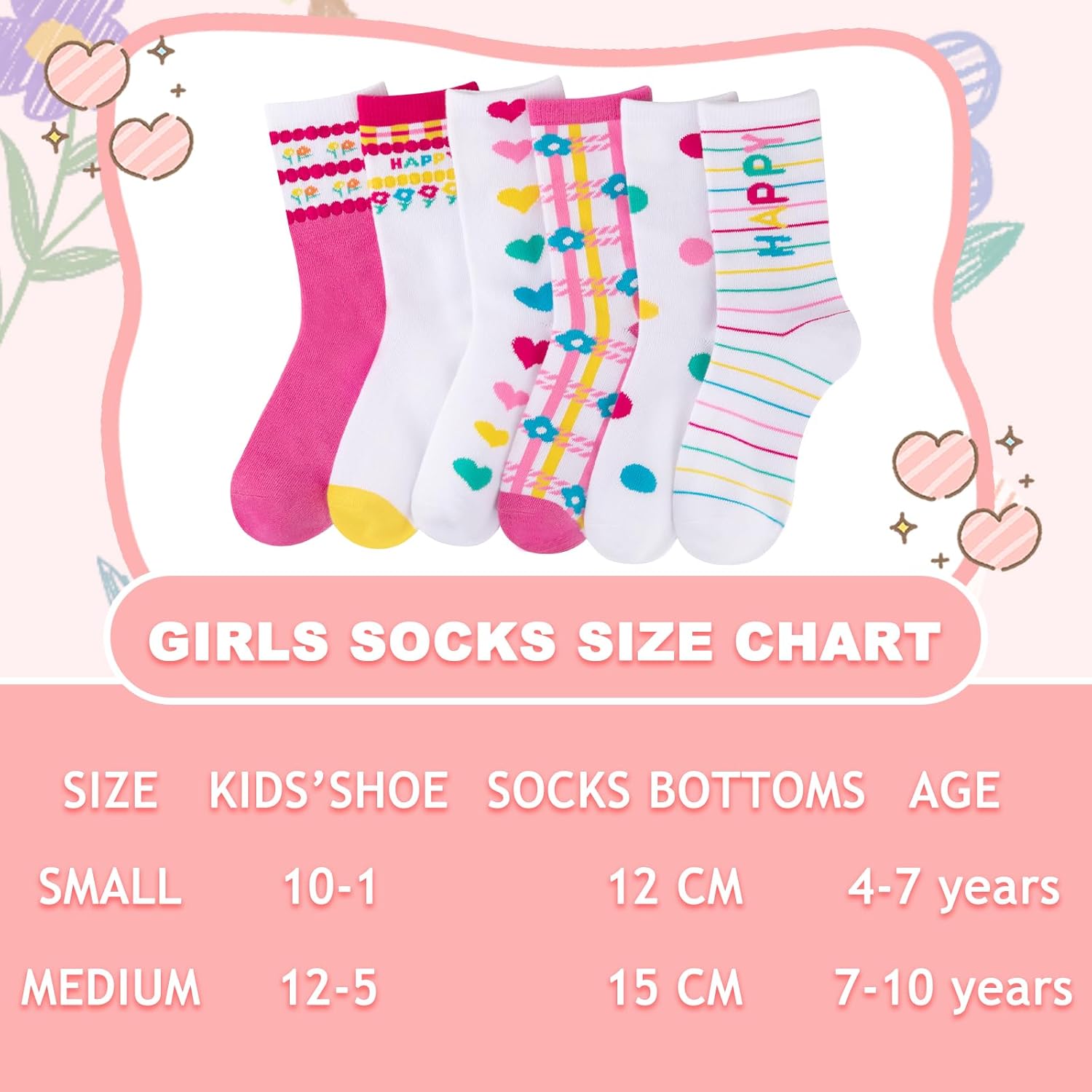 Comfoex Kids Girls Socks Novelty Funny Colorful Socks Fashion Cute Cotton Crew Socks For Kids 4-10 Years Old 6 Pairs - Image 3