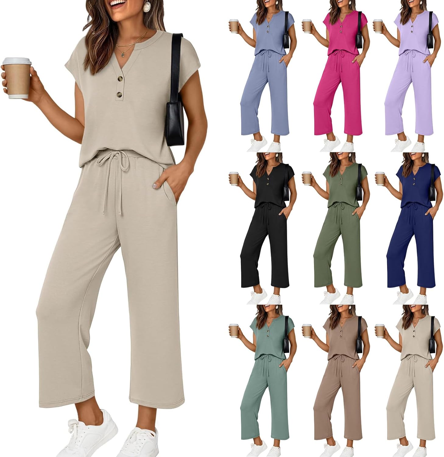 Lounge Sets for Women 2026 Trendy Cruise 2 Piece Outfits V-Neck Tops and Wide Leg Pants Spring Travel Vacation Airport Outfit