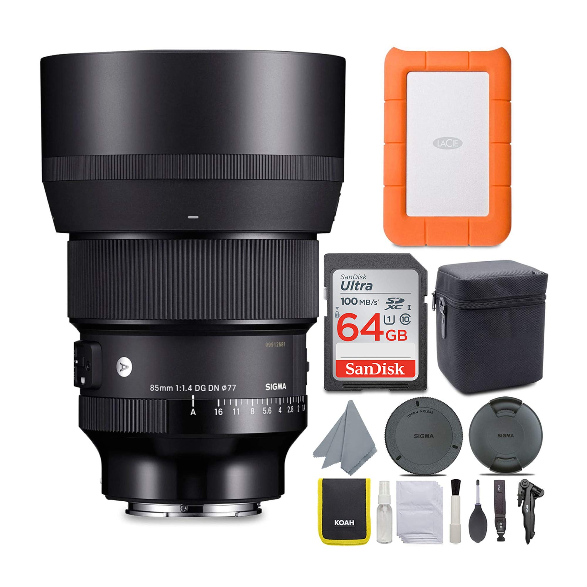 Sigma85mm f/1.4 DG DN Art Lens for Sony E Bundle with LaCie Rugged Mini 1TB Hard Drive and 64GB SD Card (4 Items)
