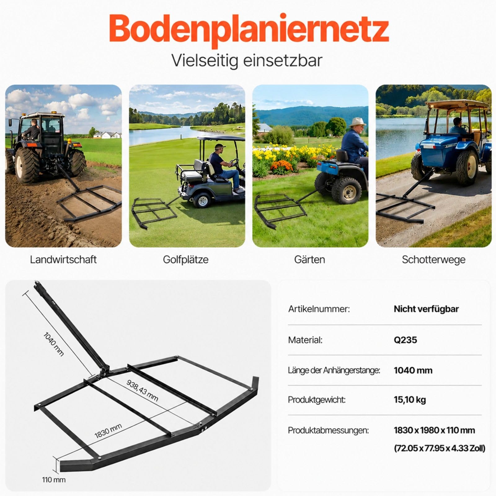 Schleppegge zum Ziehen, Landschaftsrechen für ATV, UTV und Traktor, für Rasen Garten und Feld