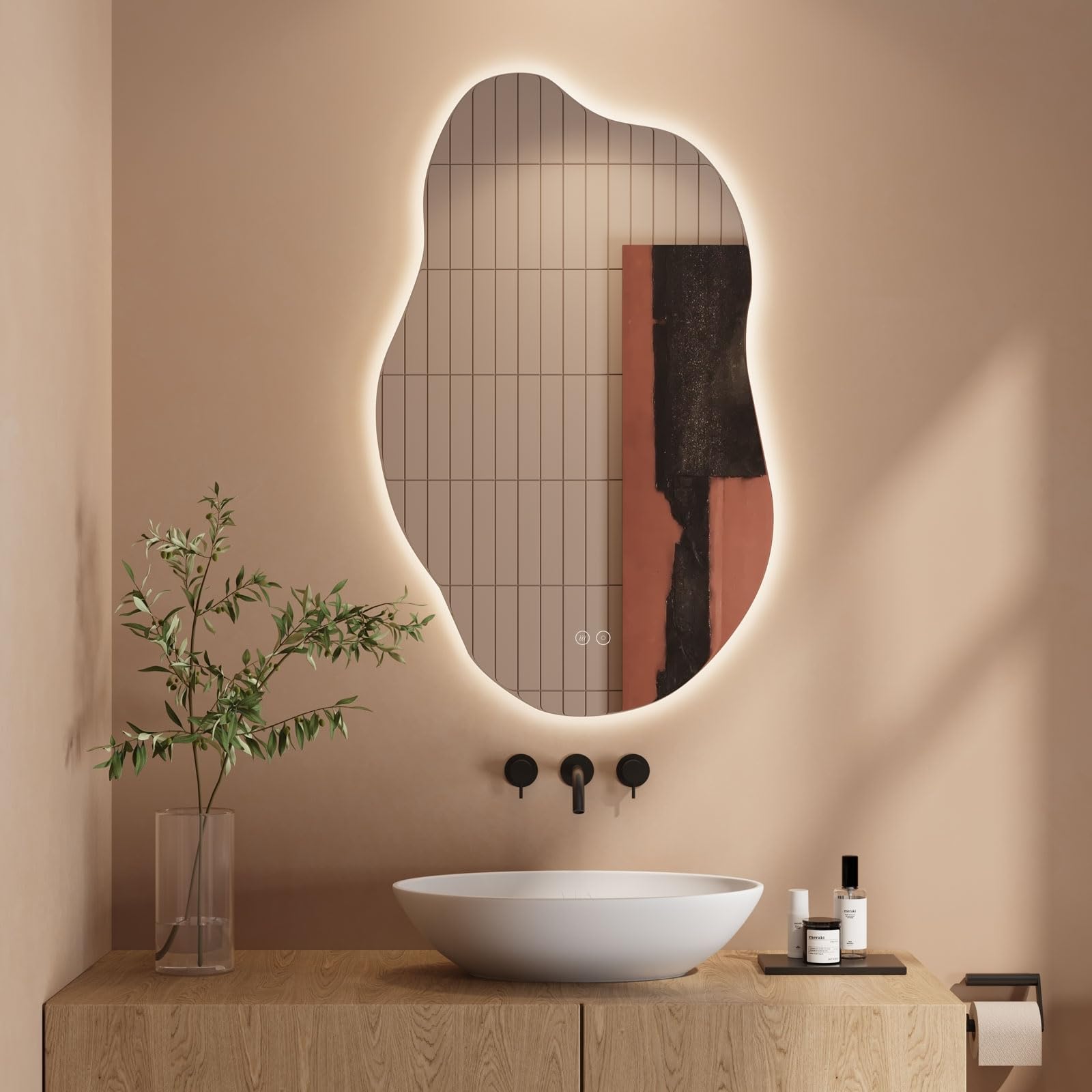 Dripex LED Bathroom Mirror with Lights, 850 * 520 MM Asymmetrical Light up Backlit Mirror Bathroom Anti Fog Mirrors Dimmable Switch with 3 Colors,Horizontal/Vertical — image 1