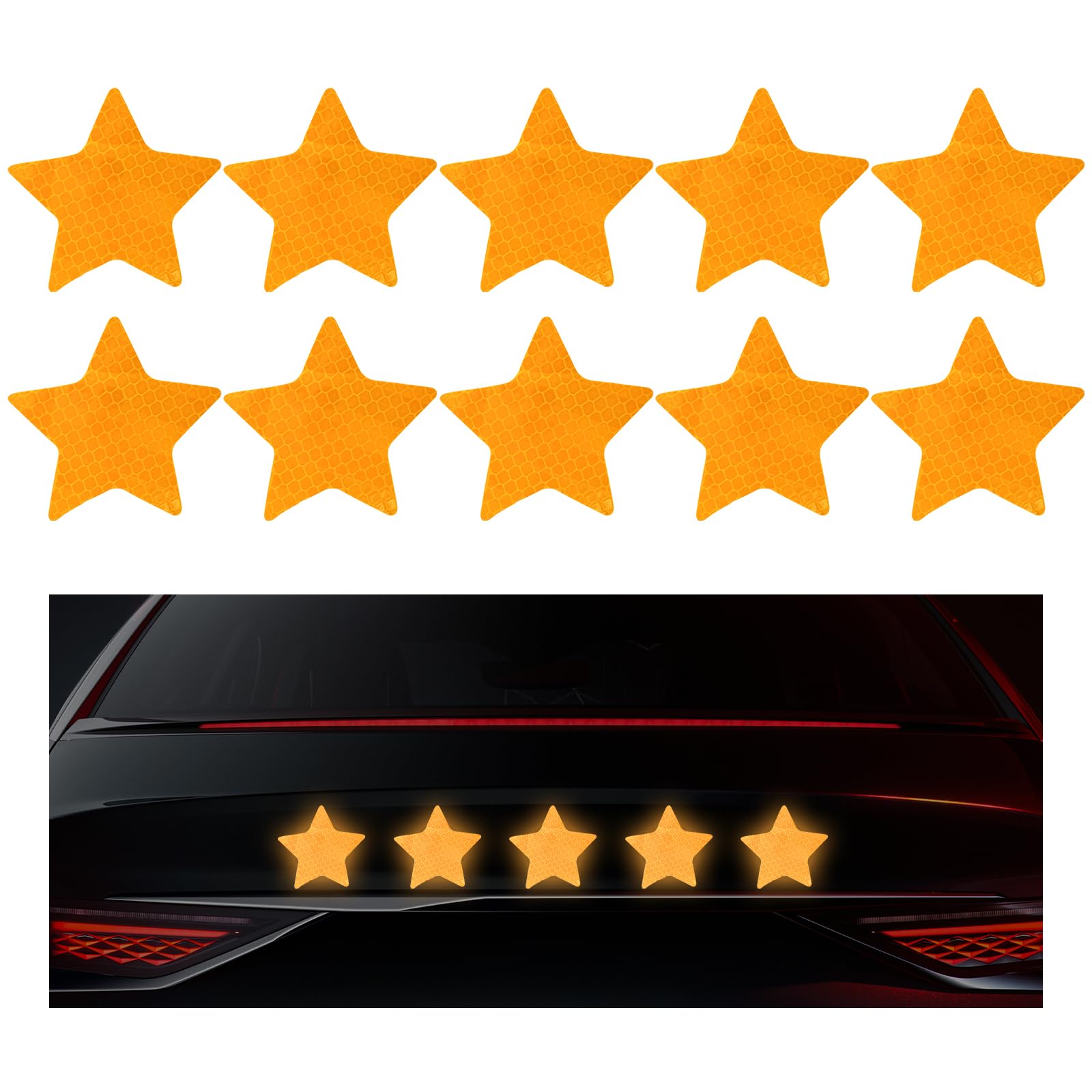 10PCS Vinyl Decal for Cars, High Intensity Reflective Sticker Night Safety Sign Bumper Decals, Waterproof Grid Vinyl Stickers Scratch Cover for Auto Window Laptop (Star, Yellow)