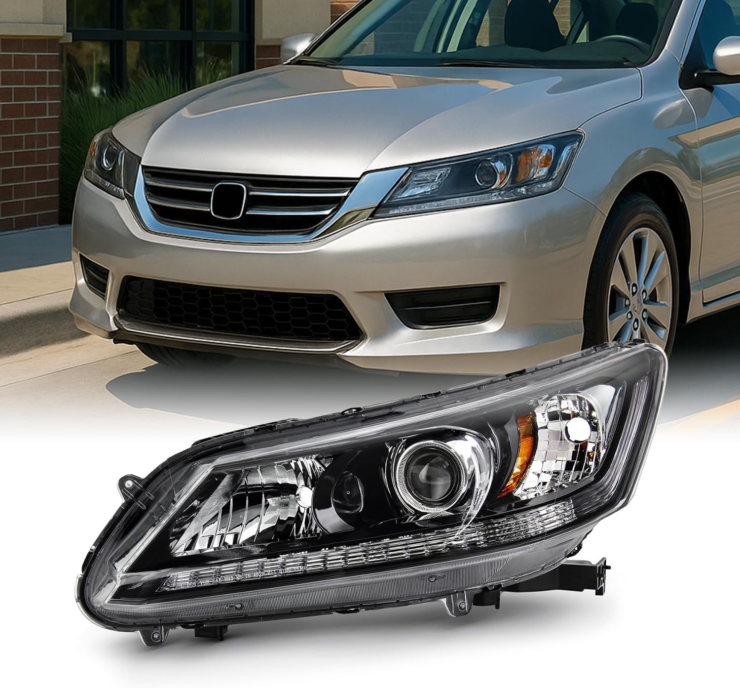 AKKON - Fits 2013 2014 2015 Honda Accord 4Door Sedan without LED DRL Model [Halogen Type] Black Clear Headlight Passenger Right