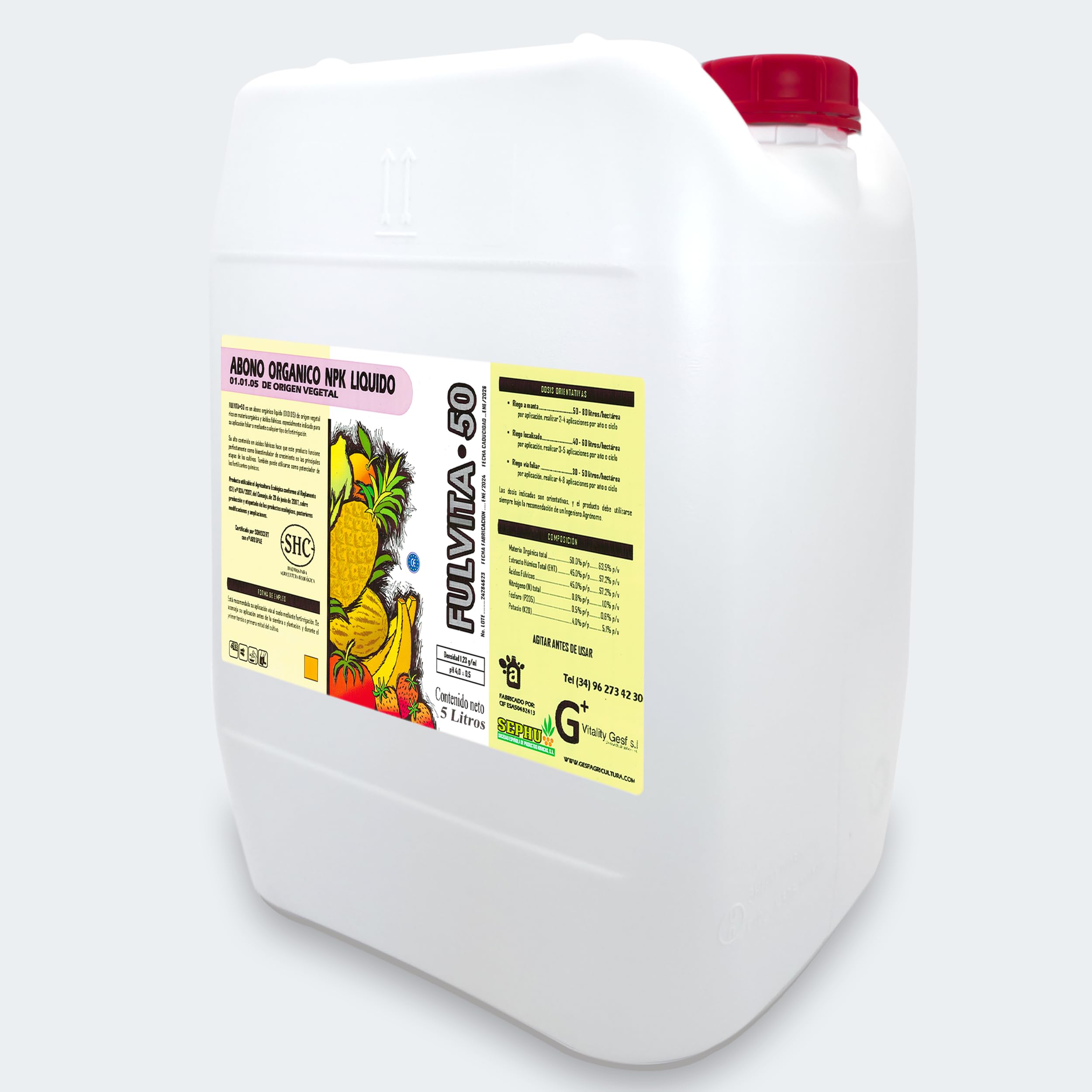 FULVITA·50 Ácidos Fúlvicos 57 % p/v de Origen Vegetal 20L | Abono Orgánico Líquido NPK | Estimulador radicular y foliar | Apto agricultura ecológica CE 834/2007