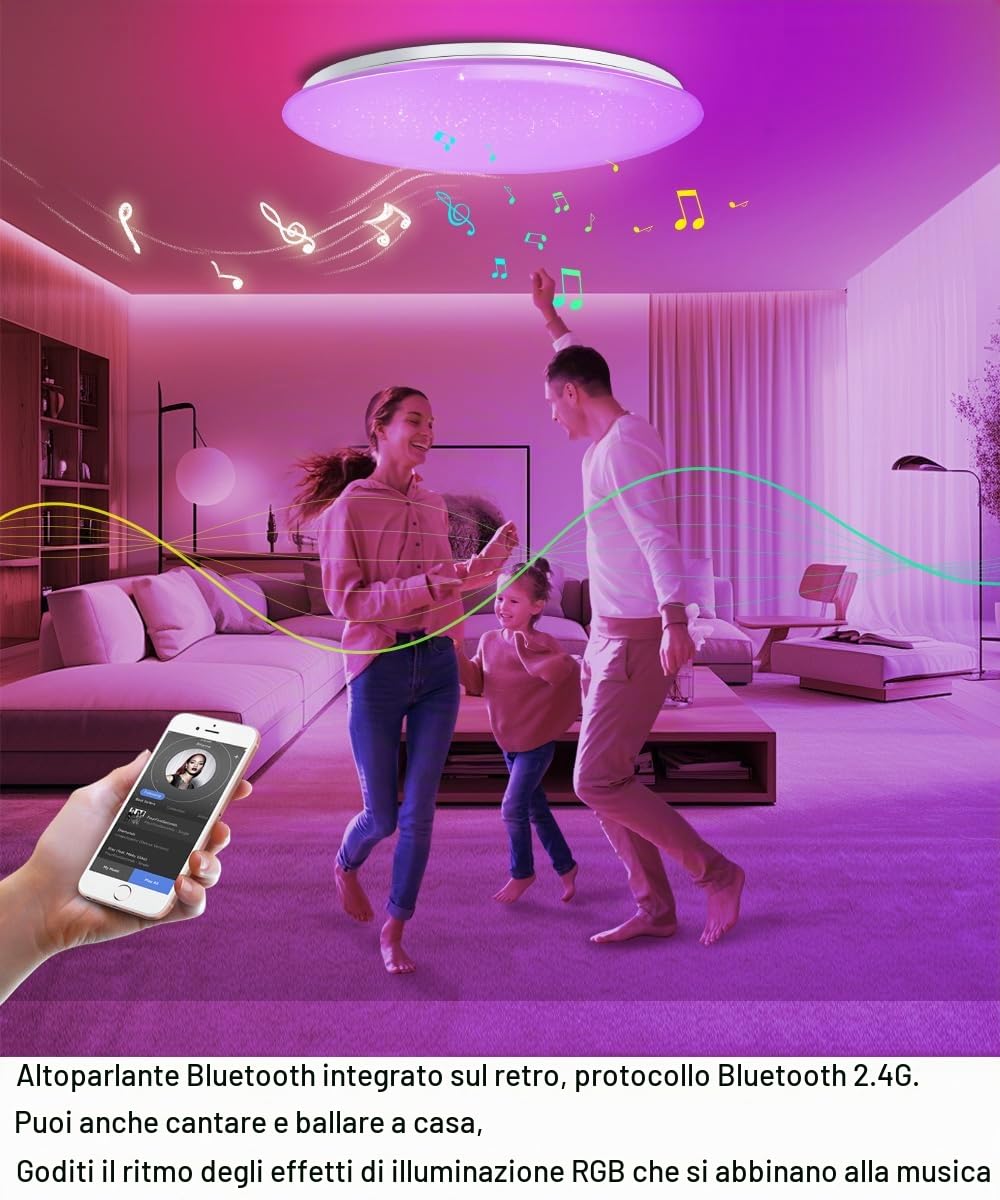 YY Plafoniera musicale LED con altoparlante Bluetooth Φ50cm 55W controllo vocale e APP Compatibile con Alexa/Google Home Cambio colore RGB Regolazione colore dimmerabile con telecomando