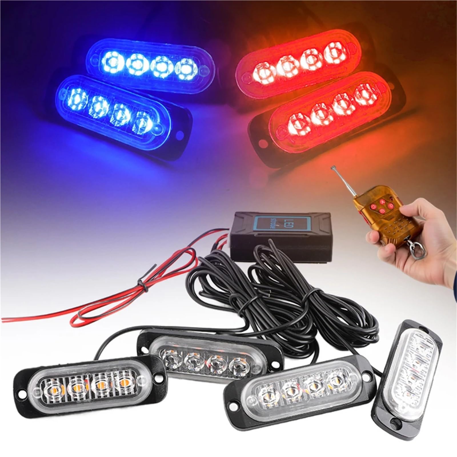 4 luces estroboscópicas de emergencia for parrilla, delgadas, de advertencia, policía, con baliza LED intermitente for vehículos, SUV y autos, 12V(Blue Red)