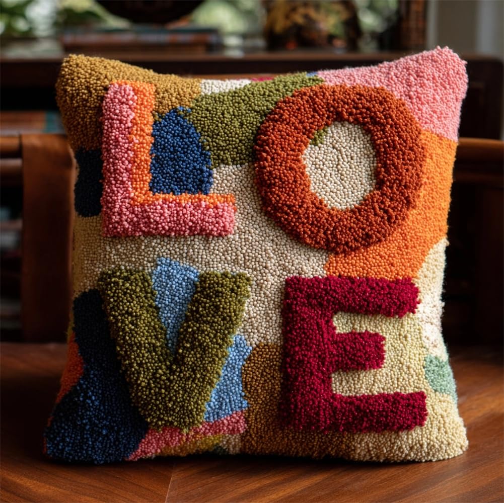 Latch Hook Pillowcase Embroidery Kit,Love Latch Hook Cushion Cover For Adults And Beginners, 17X17 Inch Embroidery Kits 43X43Cm,Diy Needlework Pillow Cover Cushion Rug Making Kit, Diy Craft