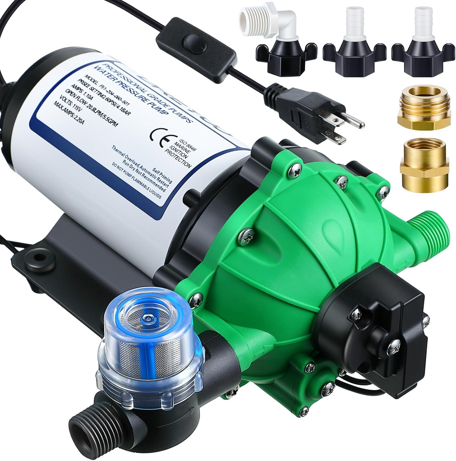 Dreyoo Water Diaphragm Pump, 115V AC, 5.5 GPM, 60 PSI Rated Pressure, 1/2 Threaded MNPT Self Priming Diaphragm Pressure Pump with Pressure Switch for Home, RV, Garden Agricultural Irrigation (Green)