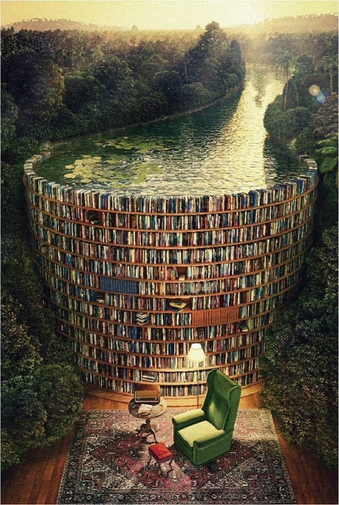 1000pcs Wooden Bookshelf Canal Jigsaw Puzzles for Adults Teens - Bookshelf Dam Jigsaw Puzzle Book Library Challenge Brain Game Educational Learning Toy for Boys Girls Gift Home Decorations