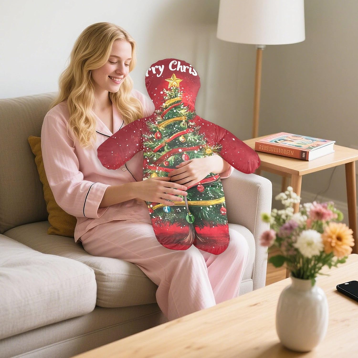 Christmas Tree with Ribbons Human-Shaped Pillow Soft Body Pillows Washable Velvet Pillows for Anxiety Relief Sleeping Cuddling & Support