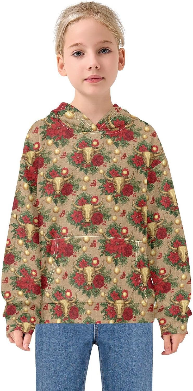 Christmas Poinsettia Ox Toddler Girls Pullover Hoodie Sweatshirt 4-14Y A2309205