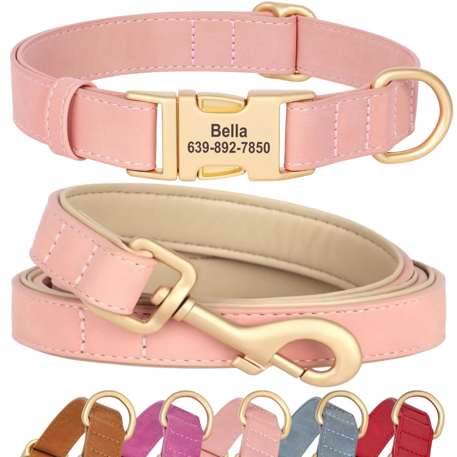 SEOUGEE Personalised Dog Collar and Lead Set, Custom Soft PU Leather Dog Collars, Adjustable & Durable Pet Collars with Quick Release Metal Buckle for Large Dogs (L, Pink Set 38-60cm)