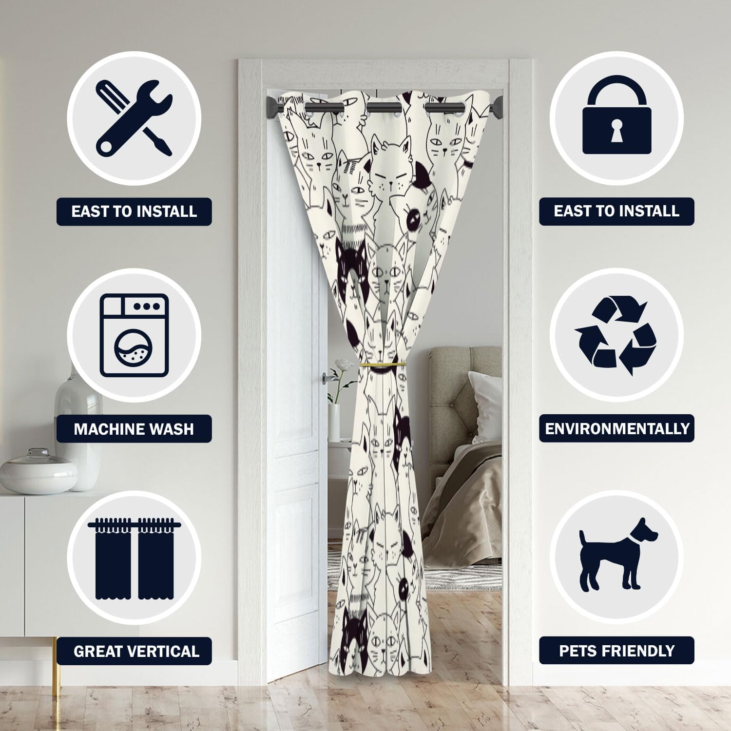 Cat Door Curtains for Doorways, Cute Funny Lovely Kitten Cheerful Hilarious Blackout Curtain for Kids Bedroom Closet, Grommet Thermal Insulated Privacy Door Drapes for Room Divider, 34"W x 80"L