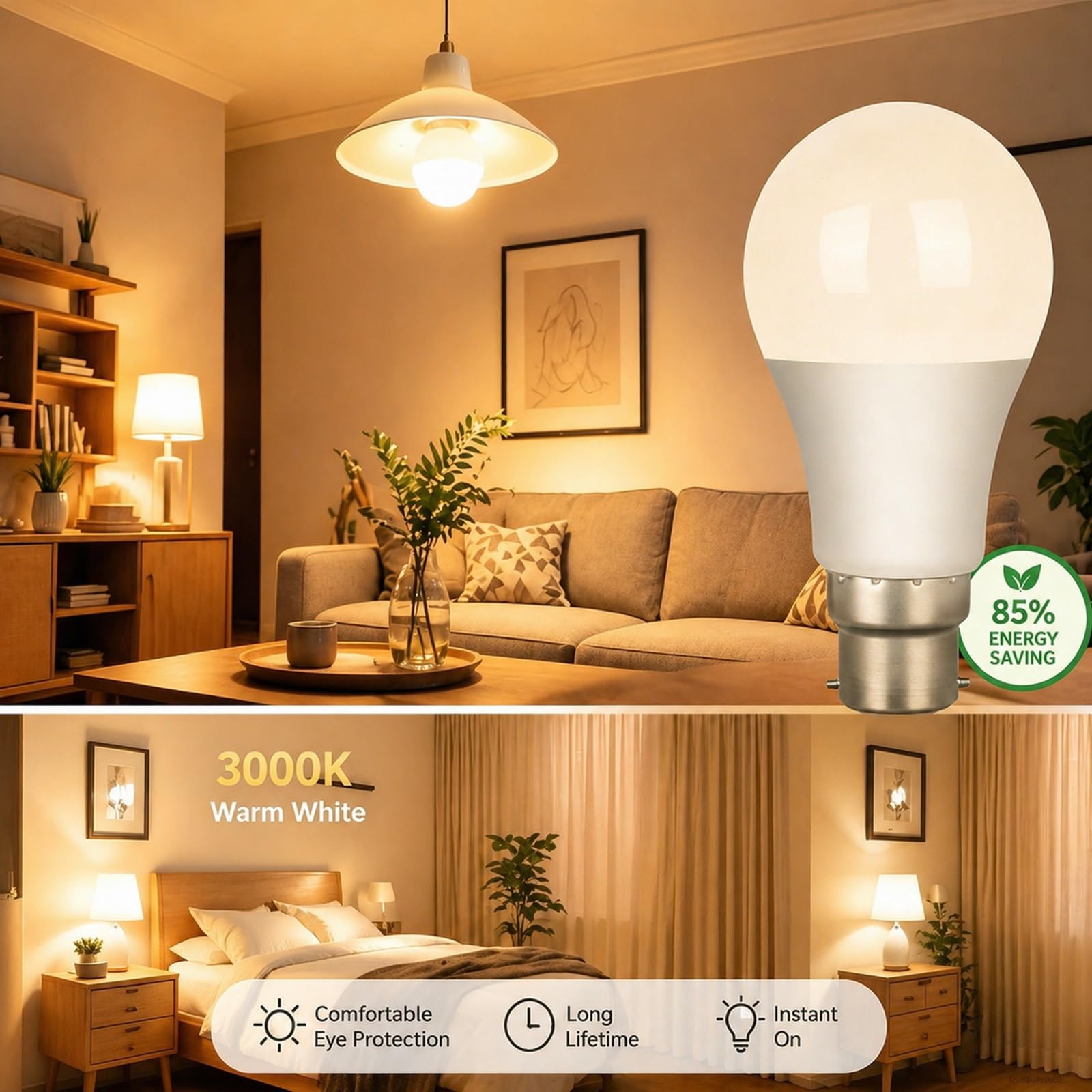 Bombilla LED B22 Blanco Cálido 3000K 12W (Equivalente 120W) Sin Parpadeo Ahorro de Energía IRC>80 No Regulable para Salón Dormitorio Cocina Araña y Lámpara de Mesa(9 Pack)