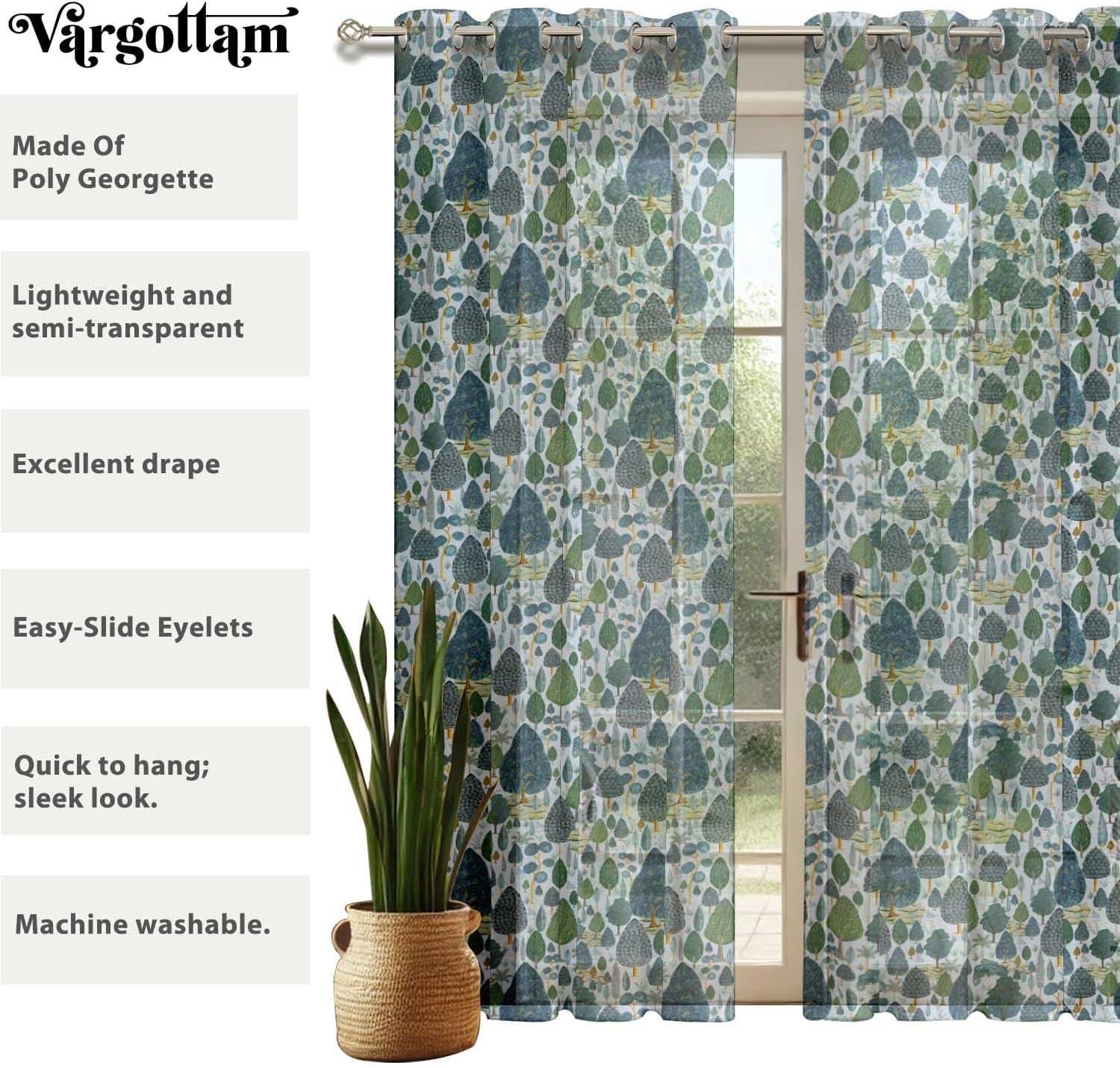 Tree Print Sheer Curtains for Short Windows – Set of 2 Panels, 63" Length, Grommet Top, Printed Georgette, Light Filtering Drapes for Kitchen or Bedroom