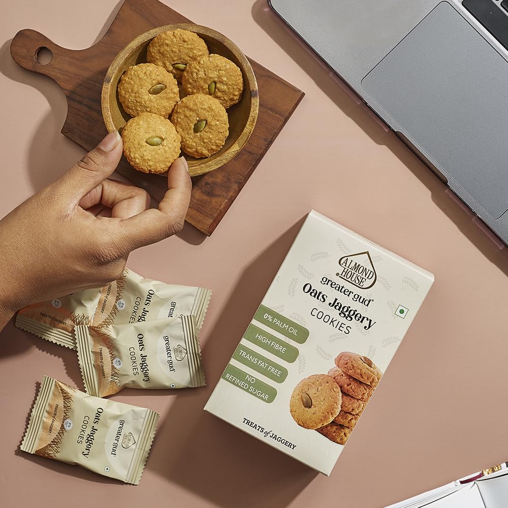 Almond House Oats Jaggery Cookies | No Maida, No Sugar | Millet Cookies | Healthy Snack | 100% Vegetarian | Perfect For Gifting | Ready To Eat | Pack of 100gm 1