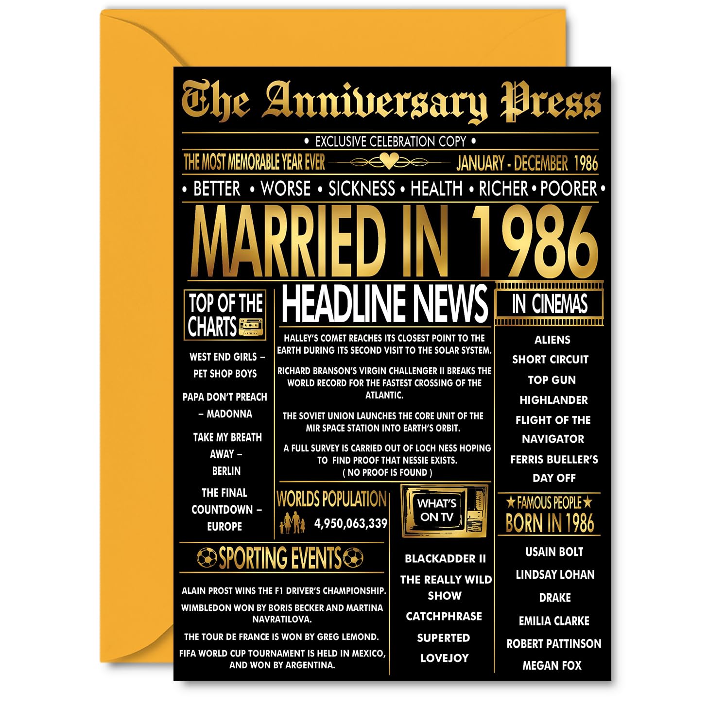 Gold 40th Anniversary Card for Men Women - Golden Newspaper Married in 1986-40 Year Wedding Anniversary Card for Partner Wife Companion Husband, A5 Anniversaries Greeting Cards