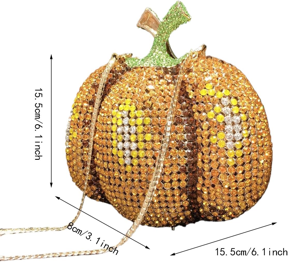 Women Cute Pumpkin Rhinestone Evening Clutch Purse Sparkly Crystal Diamond Handbag for Banquet Party Prom