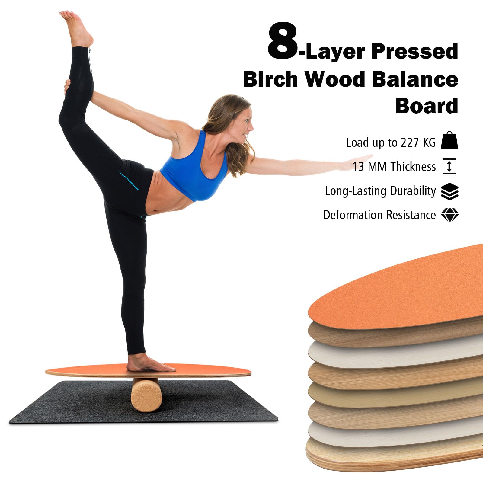 KOMFOTTEU Balance Board Holz, Balancebrett mit Korkrolle & rutschfester Filzmatte, Gleichgewichtsboard Indoor Training Surfen Skaten, Wackelbrett Trickboard max.100kg belastbar