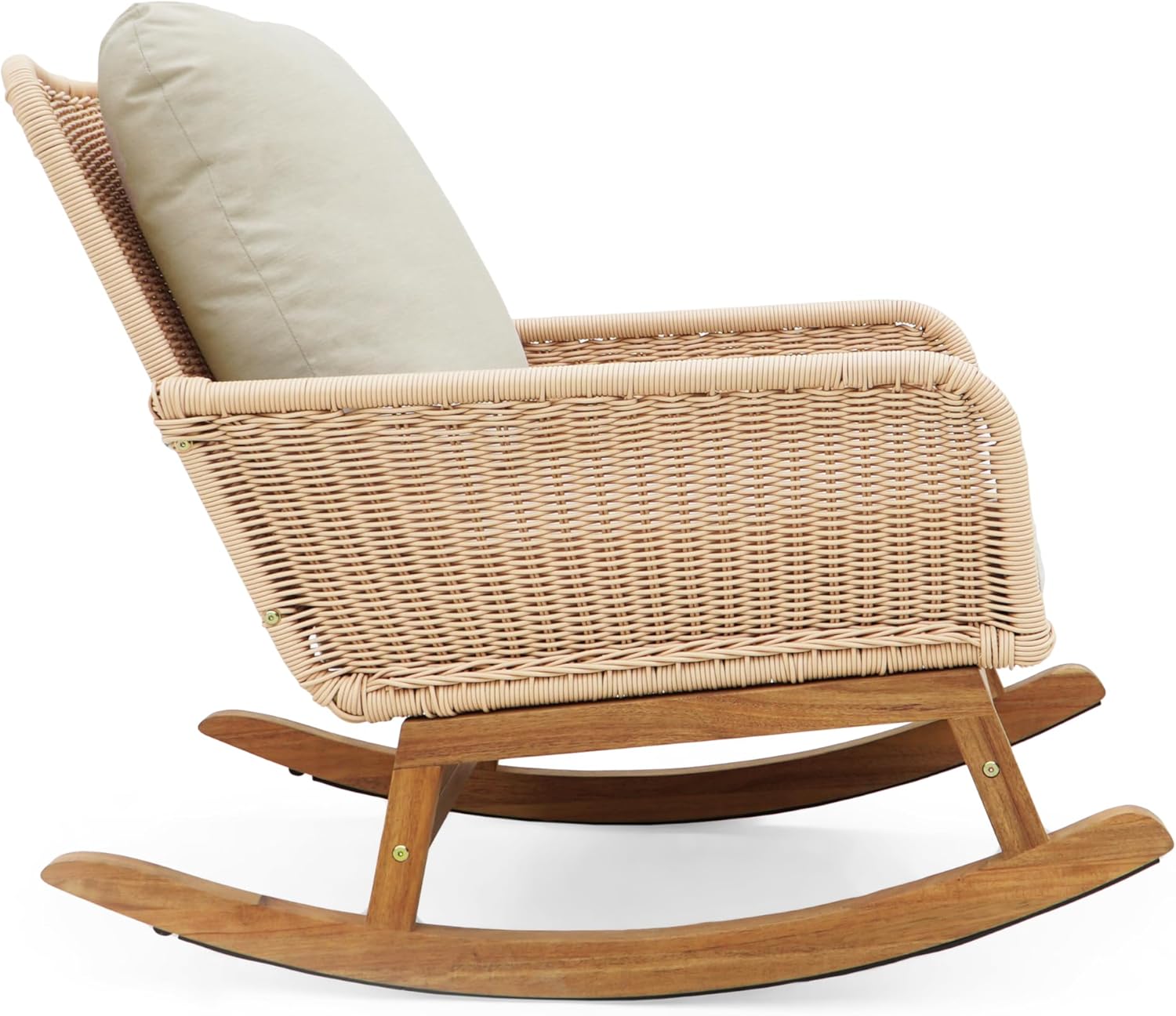 Christopher Knight Home Nadine Patio Rocking Chairs Set of 2, Wicker Rocker, Wood Rocking Chair, PE Rattan Wick Chair, Rocking Chair with Cushions, Comfort Wicker Rocker for Backyard Balcony, Beige