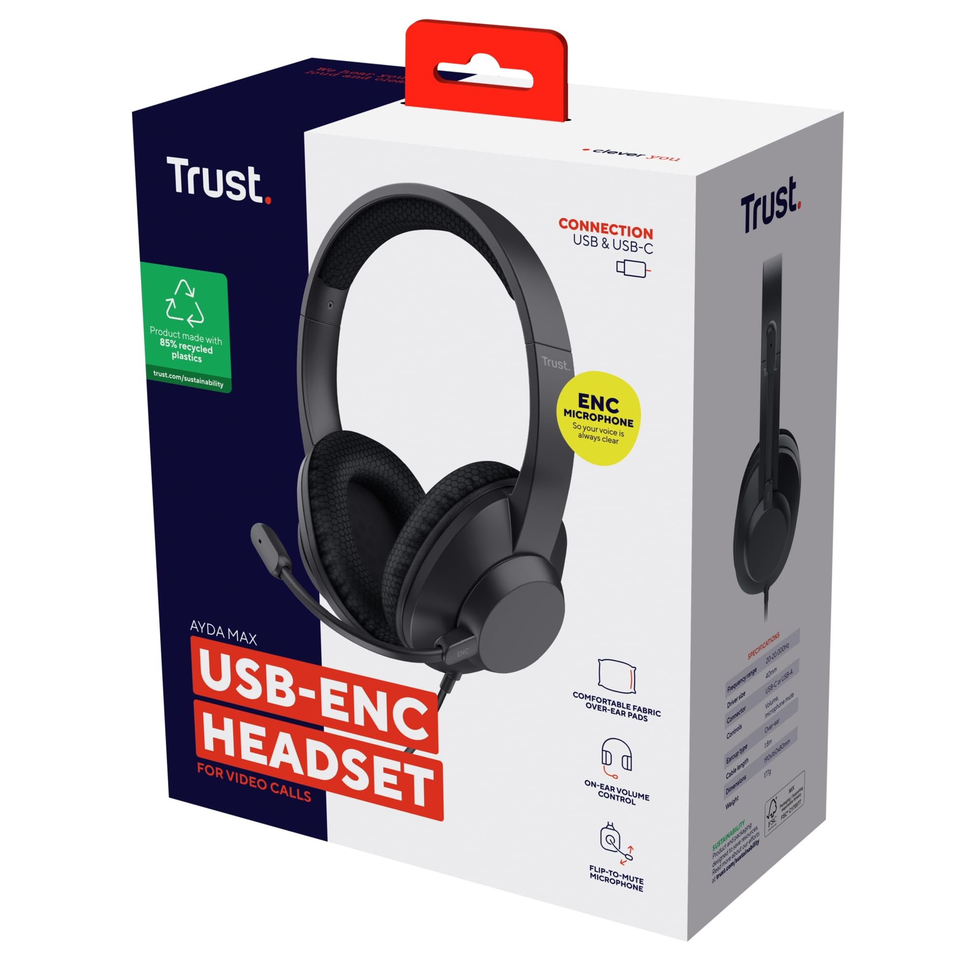 Trust Ayda Max USB Cuffie con Microfono ENC Cancellazione del Rumore, Auricolari con Filo 1,80 m, Mic Noise Cancelling, 85% Plastica Riciclata, Headphones Over-Ear Cablato per PC Laptop Mac, Nero