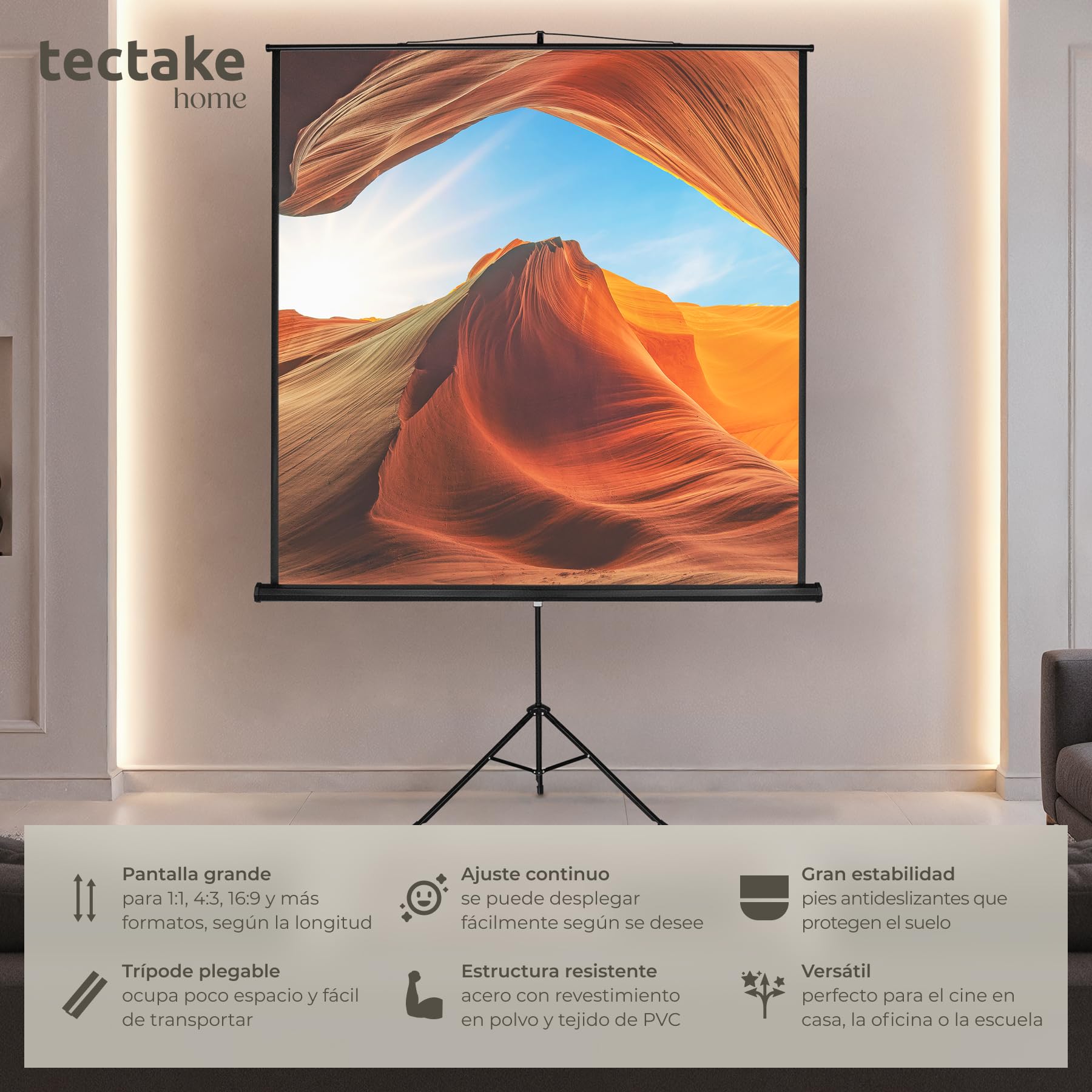 tectake® Pantalla Proyector Enrollable y Retráctil, Montaje en Pared y Techo, Formatos 1:1, 4:3y 16:9, Optimizado para HDTV y 3D, Factor de Ganancia 1,0, Tela Projector - 212 x 90 x 260 cm