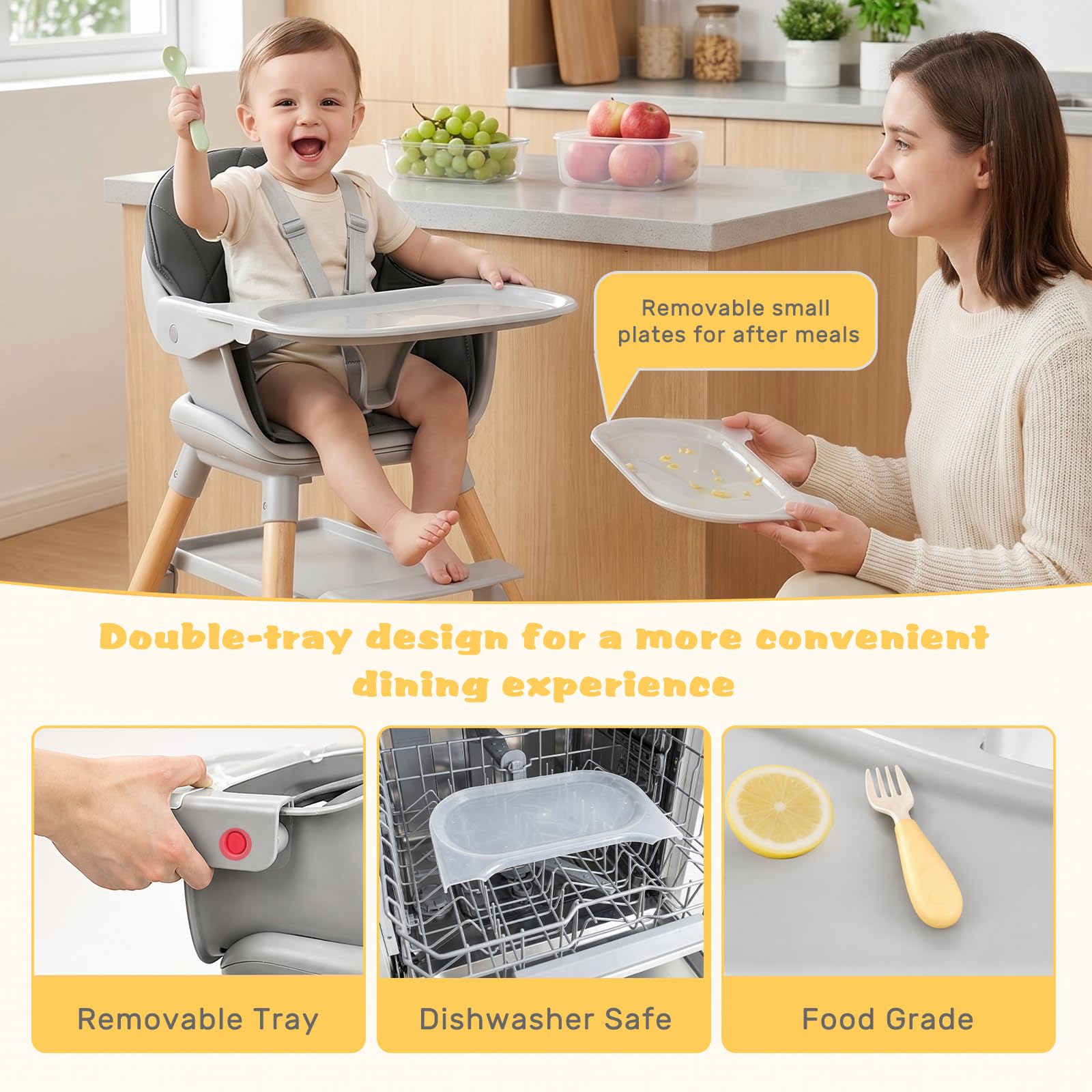 UBRAVOO Trona para bebé, 2 en 1 Tronas bebés con Reposapiés, Bandeja Doble Desmontable, Fácil de Limpiar, Trona de bebé para Niños y Niñas más de 6 Meses, HA-019, Gris