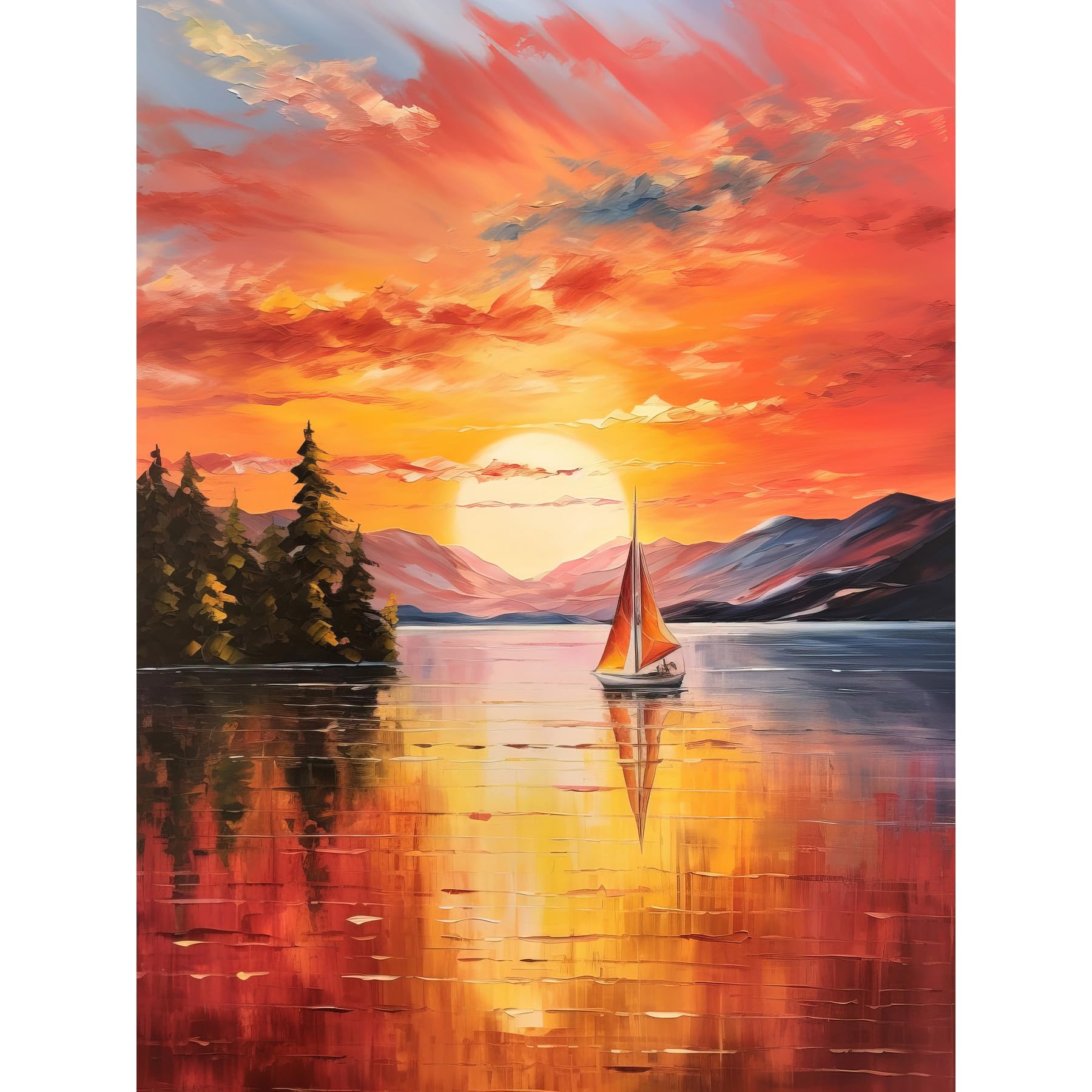 Serene Lake Sunset Sailing Vibrant Painting Sail Boat Huge Wall Art Print 18X24""