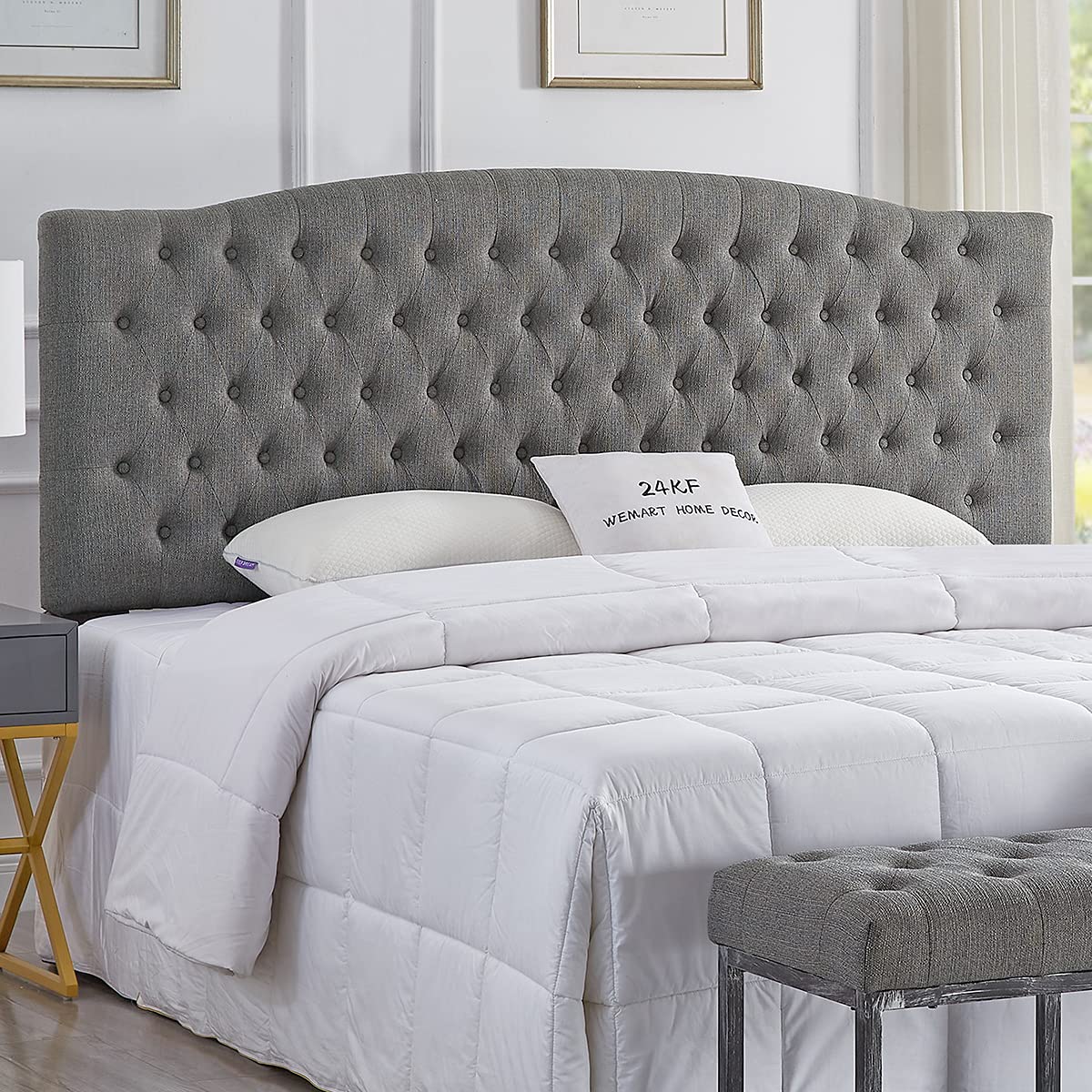 24KF Upholstered Tufted Button Linen Fabric Headboard,Comfortable Fashional Headboard King/CA King Size,Granite