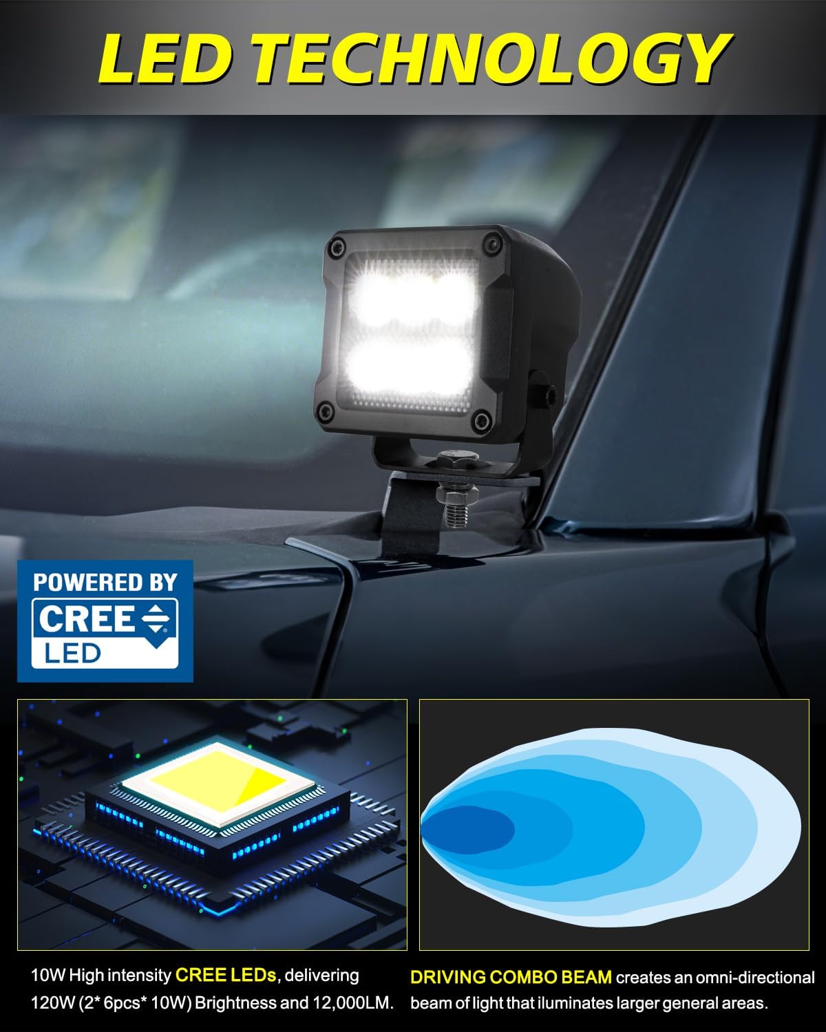 LED Cubes, 3 Inch 120W CREE LED Pods 3x3 Low Beam Offroad Driving Lights Square Cube Light Ditch Fog Reverse Lights for Truck Pickup Motorcycle UTV ATV SUV Dirt Bike Boat - Driving Combo