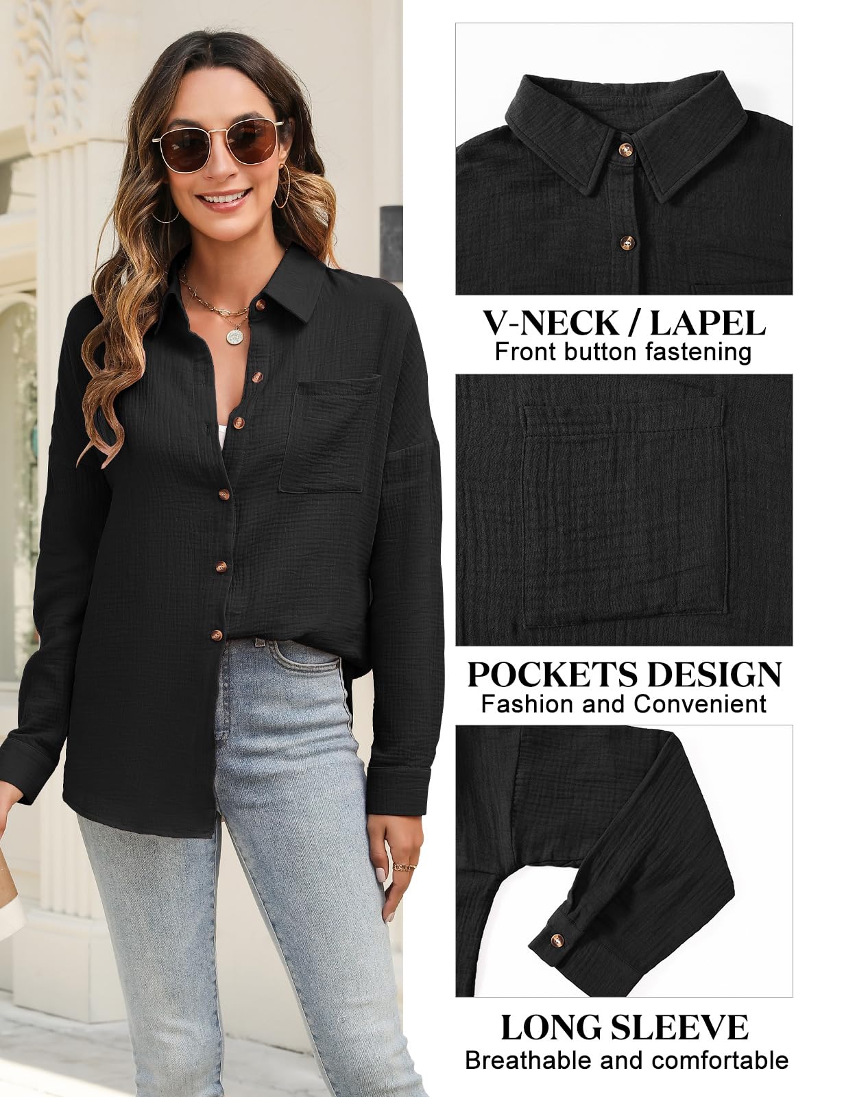 Xnova Chemisier Oversize Femme à Manches Longues, Décontractée Coton Blouse Top avec Poche, T-Shirt Col en V Chic et Élégant Chemise Ample à Boutons