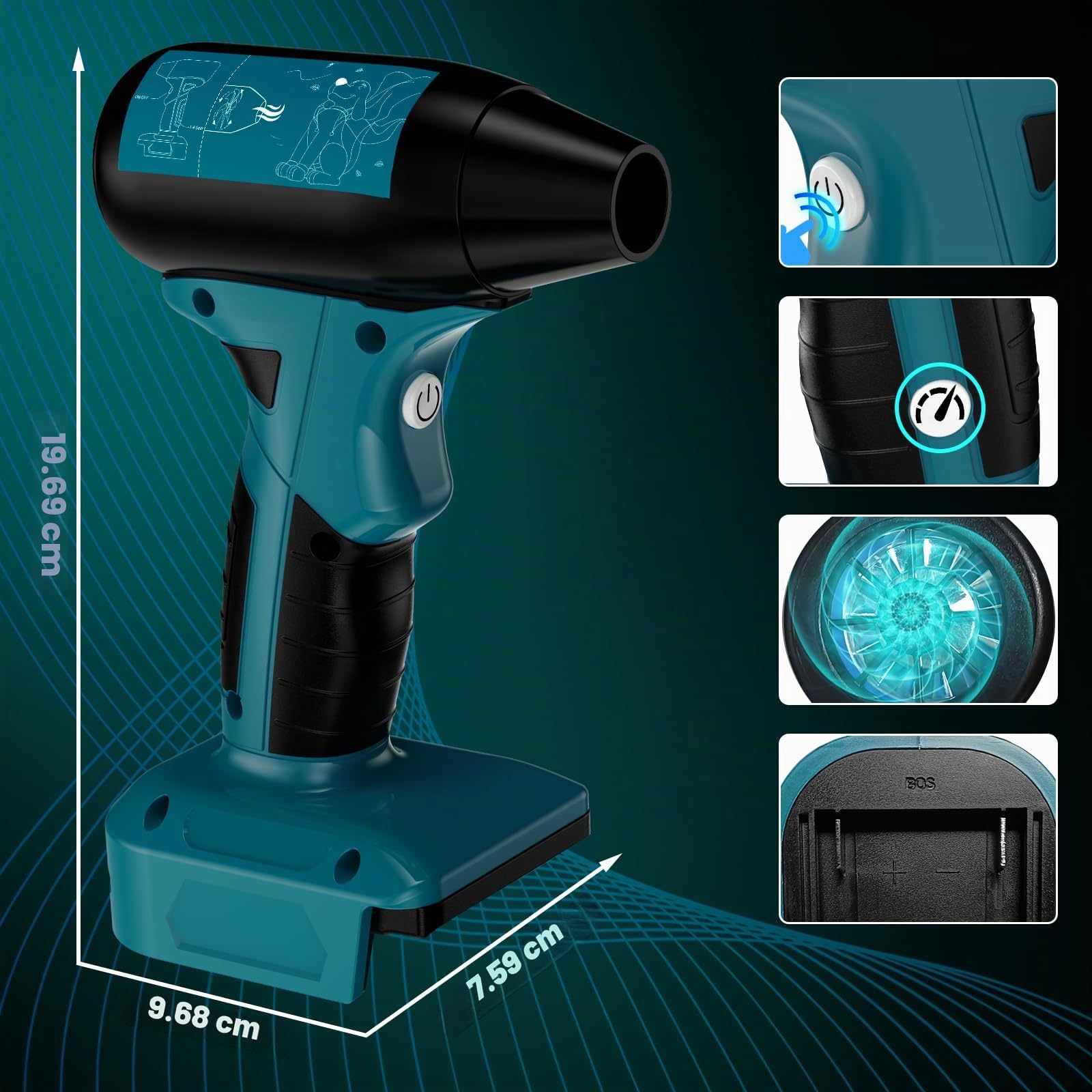 Para Bosch Professional 18 V System GBA batería de litio accionamiento jet seco soplador seco, 130.000 rpm de aire comprimido Duster, 4 engranajes ajustables, mini ventilador para herramientas, coche