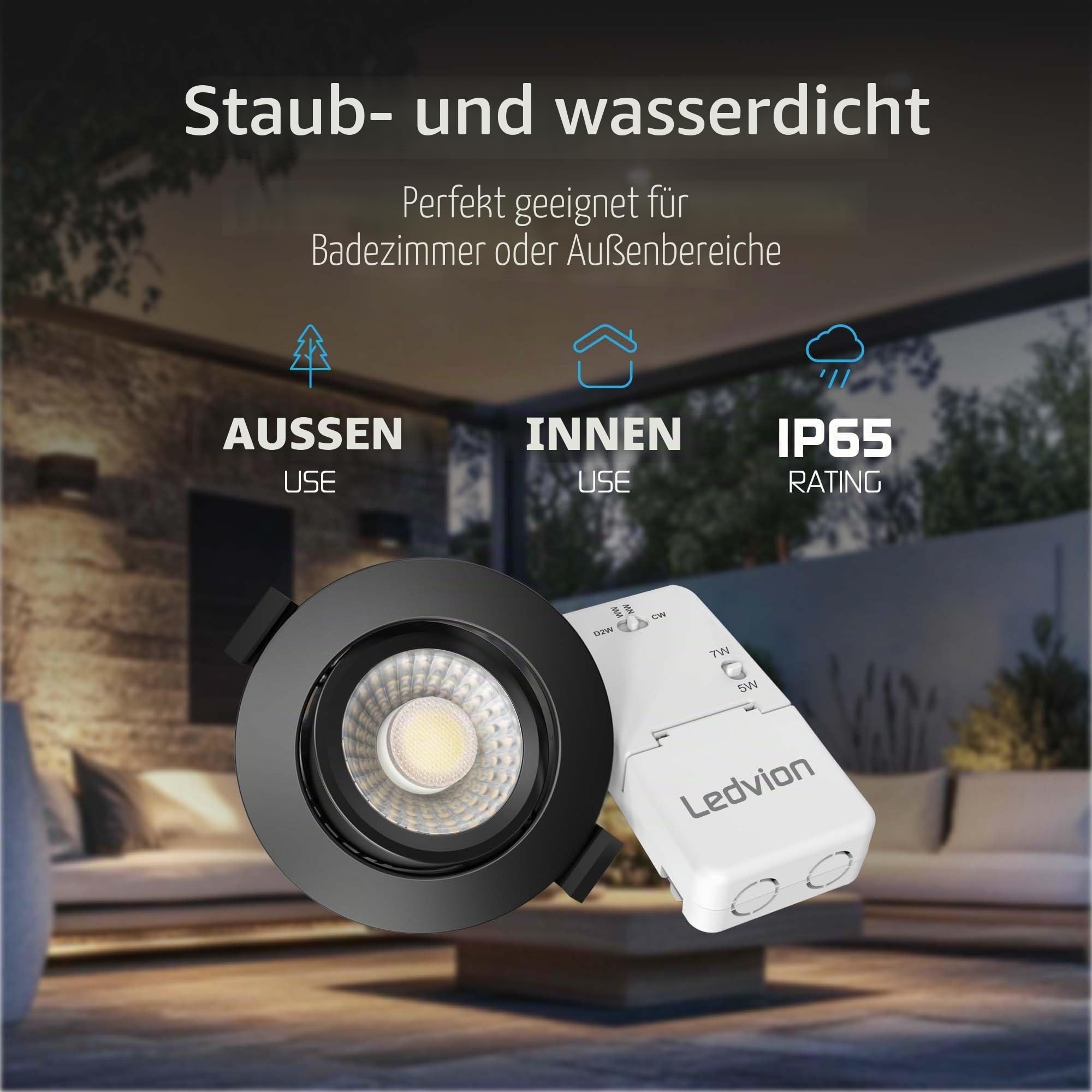 Ledvion - 6x LED Einbaustrahler, 230V, Schwarz, dim to warm, IP65, wasserdicht, 5W/7W, COB, Downlight, Deckenstrahler, Bad, Küche, warmweiß, Tageslicht, Halogenersatz, Stimmungslicht, kompakt
