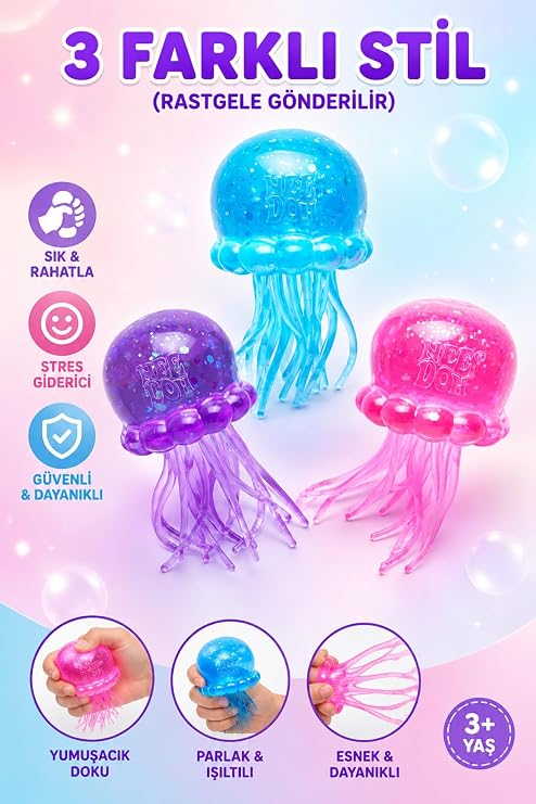 Denizanası Squish Duyusal Sıkma Oyuncak – Jelly Squeeze Toy Jellyfish Stress Ball Soft Squishy Slime Stres Oyuncağı 1 Adet