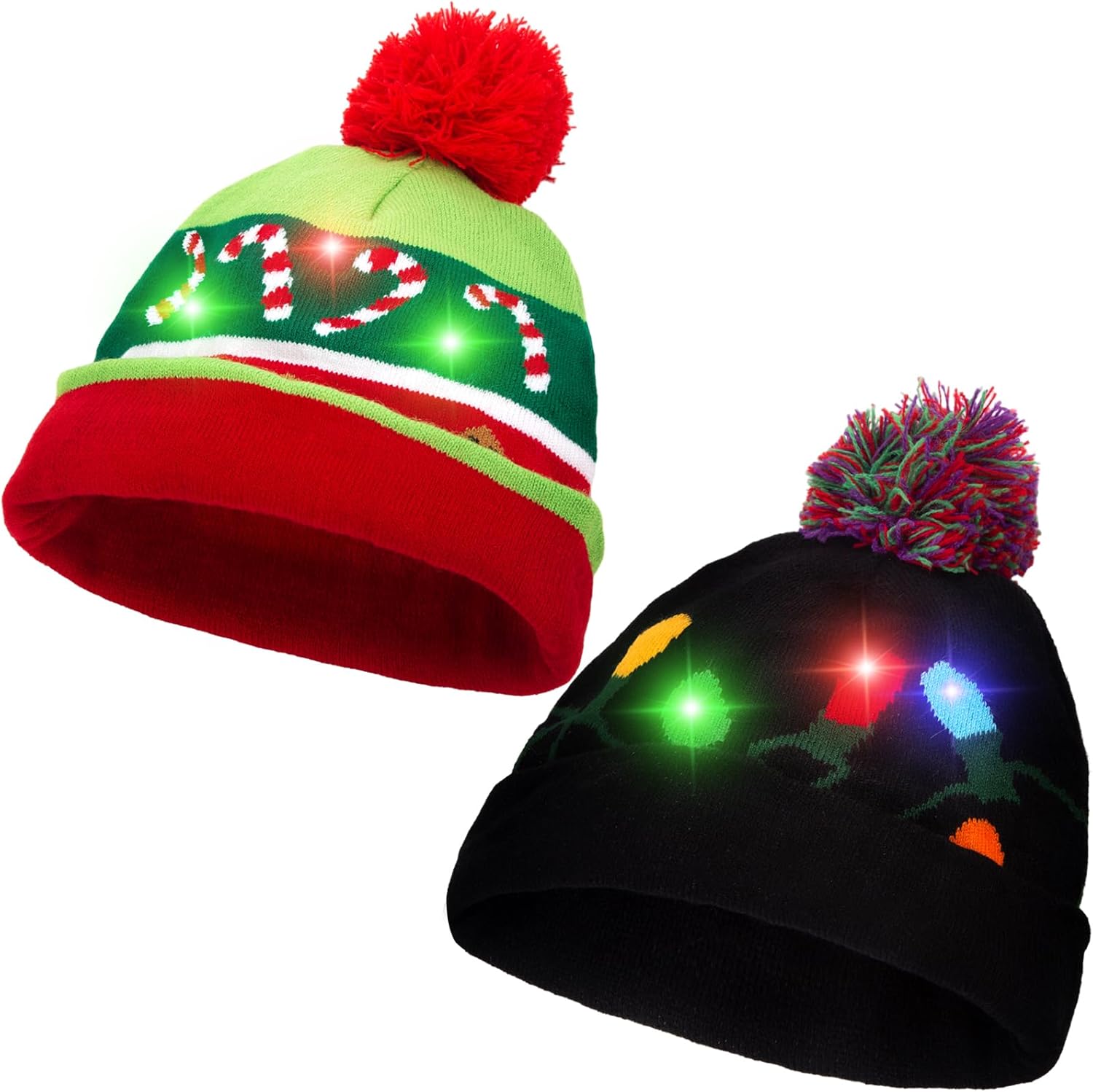 MCPINKY 2PCS Christmas LED Beanie Hats, Light Up Knit Beanie Hats Flashing Christmas Hat for Kids Adults Xmas Ugly Sweater Party