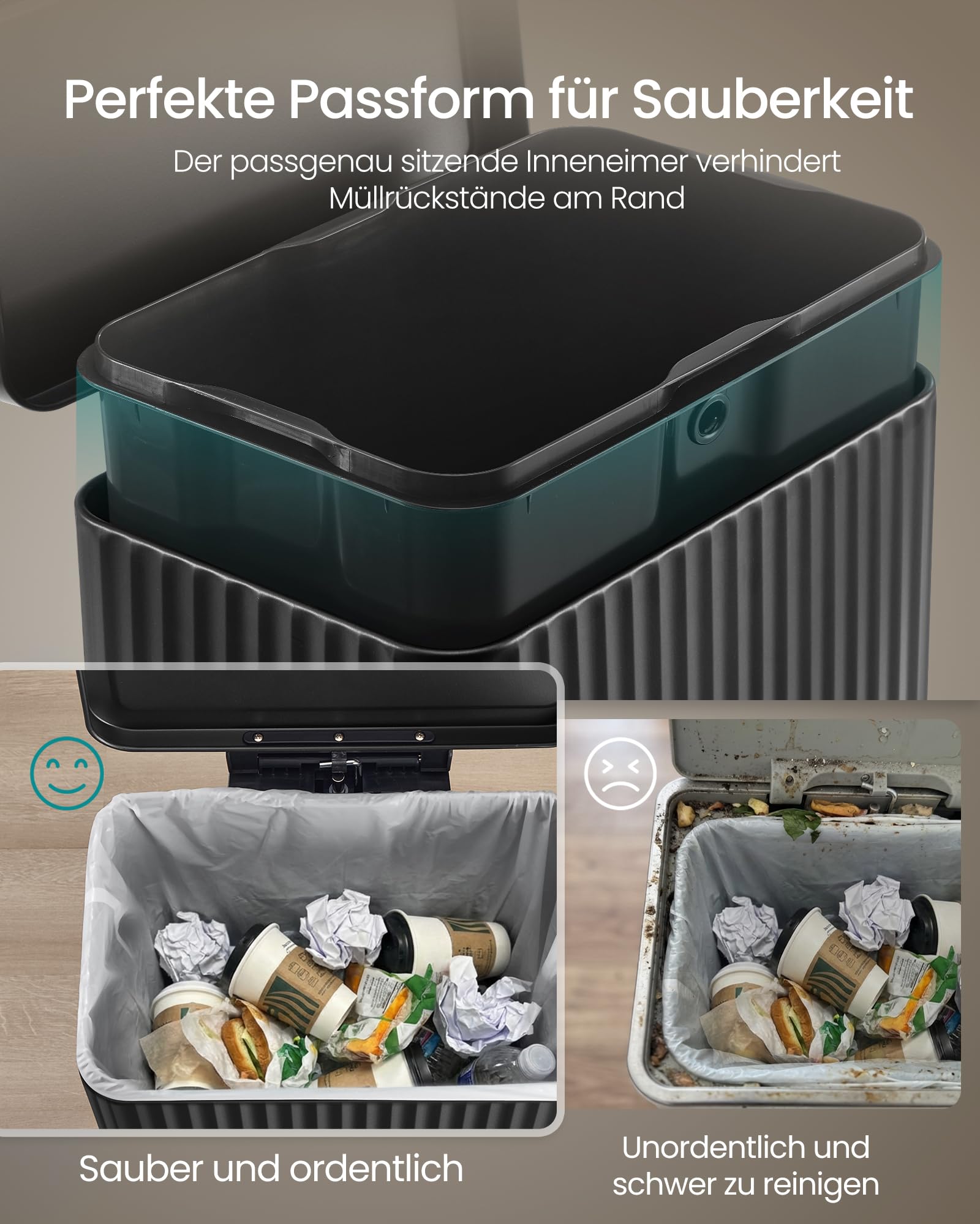 SONGMICS Mülleimer Küche 50 Liter Tretmülleimer mit Deckel Softclose Stahl tintenschwarz