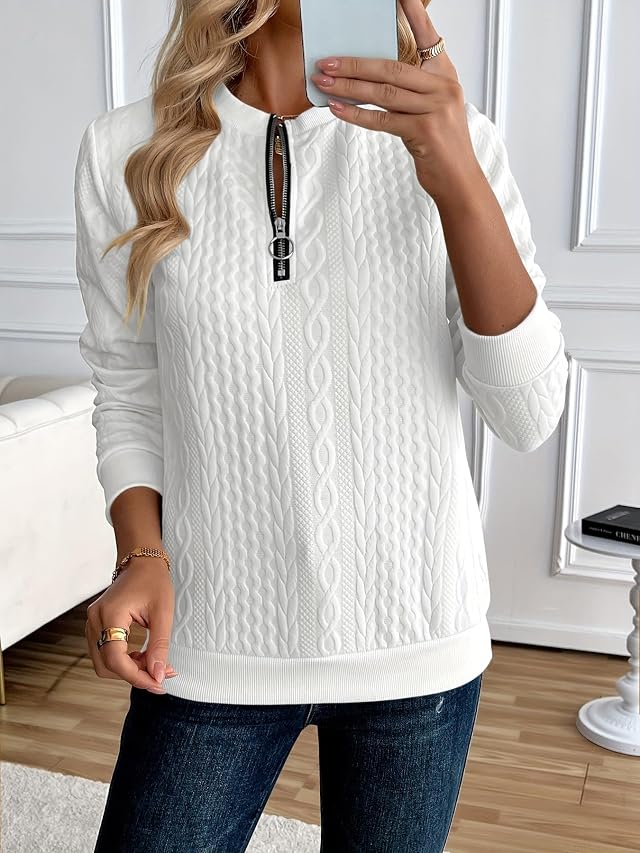 Womens Pullover Sweater Cable Knit with Half-Zip Front Long Sleeves and Textured Pattern for Elegant Style