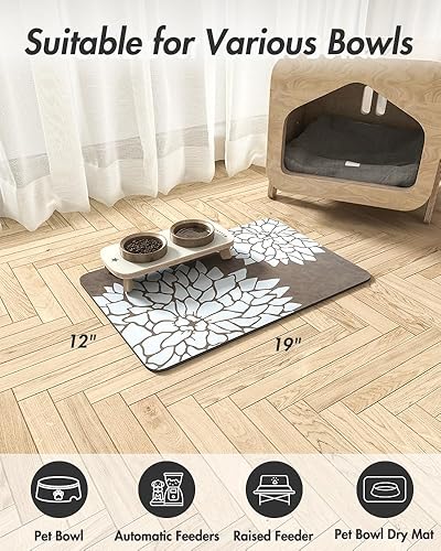 Miniatura 7 de MontVoo -Tapete de alimentación de mascotas, tapete absorbente de comida floral para gatos y perros, tapete para comida y agua, tapete dispensador