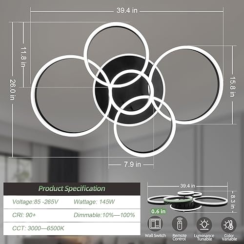 Miniatura 2 de Lámpara de Techo Moderna, 39.4'' Regulable 145W LED Negra Empotrada Luces de Techo con Control Remoto 5+1 Anillos Accesorio de Lámpara de Techo