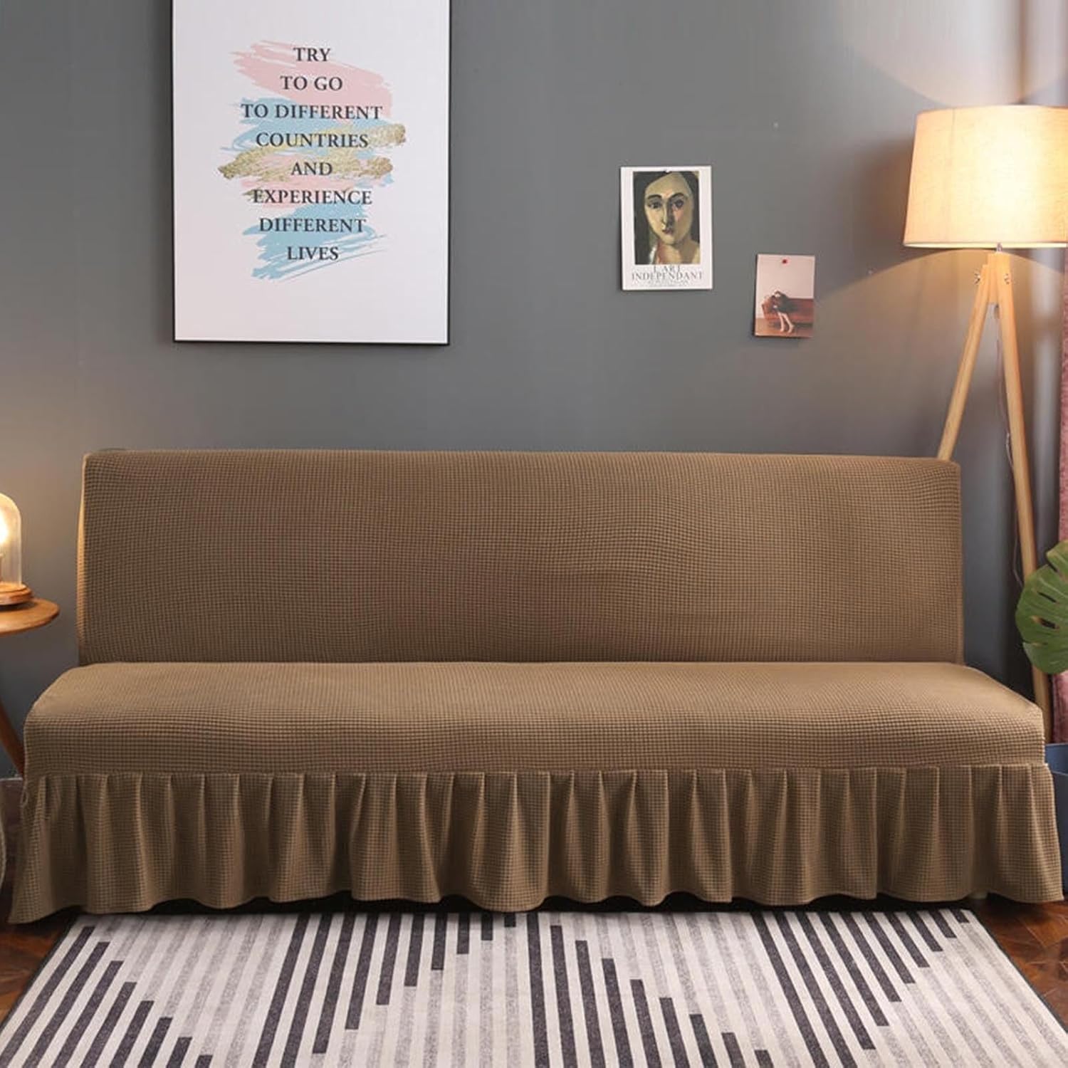 Stretch Futon Cover Slipcover Removable Armless Sofa Bed Slipcovers Full Size with Skirt Ruffled Knitted Futon Sofa Cover Furniture Bed Protector(Coffee,Length 47.2"-55")