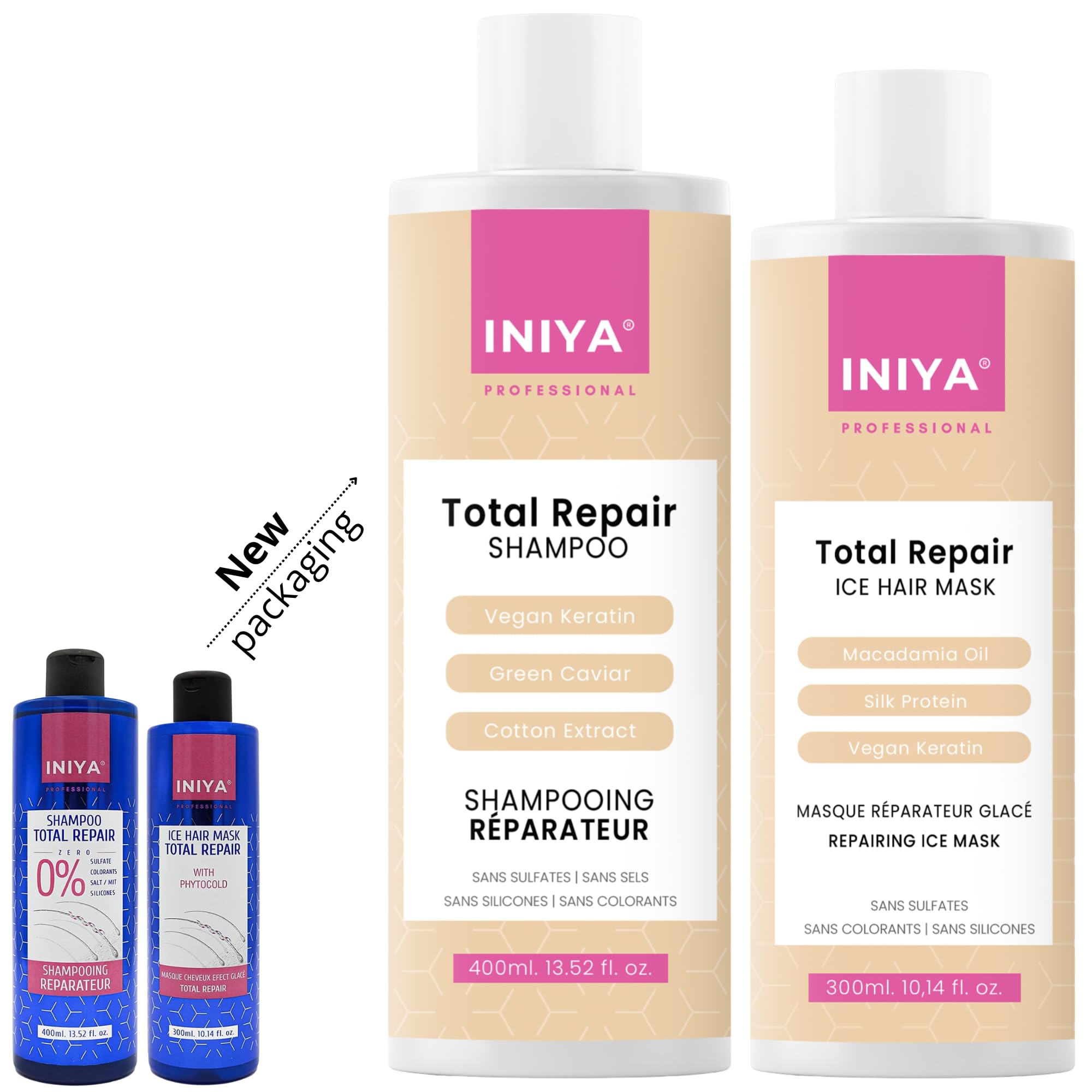 Shampooing & Soin Réparateur Sans Sulfate | Iniya Duo Kit Réparation | Shampooing Réparateur 400ml et Masque Réparateur 300ml Lissage Brésilien & Tanin