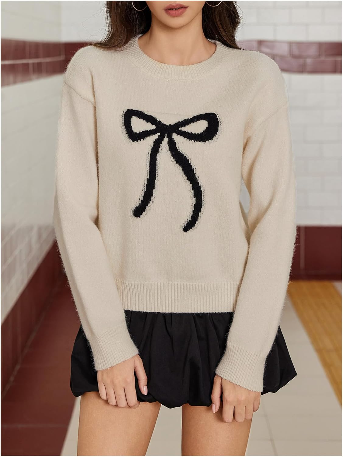 Verdusa Women's Bow Cozy Sweater Crew Neck Pullover Knit Tops Preppy Fall Clothes - Image 5