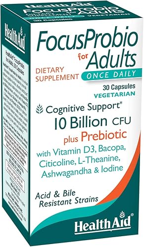 HealthAid AdultFocus Probio 10 mil millones de UFC con prebiótico, apoyo cognitivo, una vez al día, contiene vitamina D3, Ashwagandha y yodo, cepas